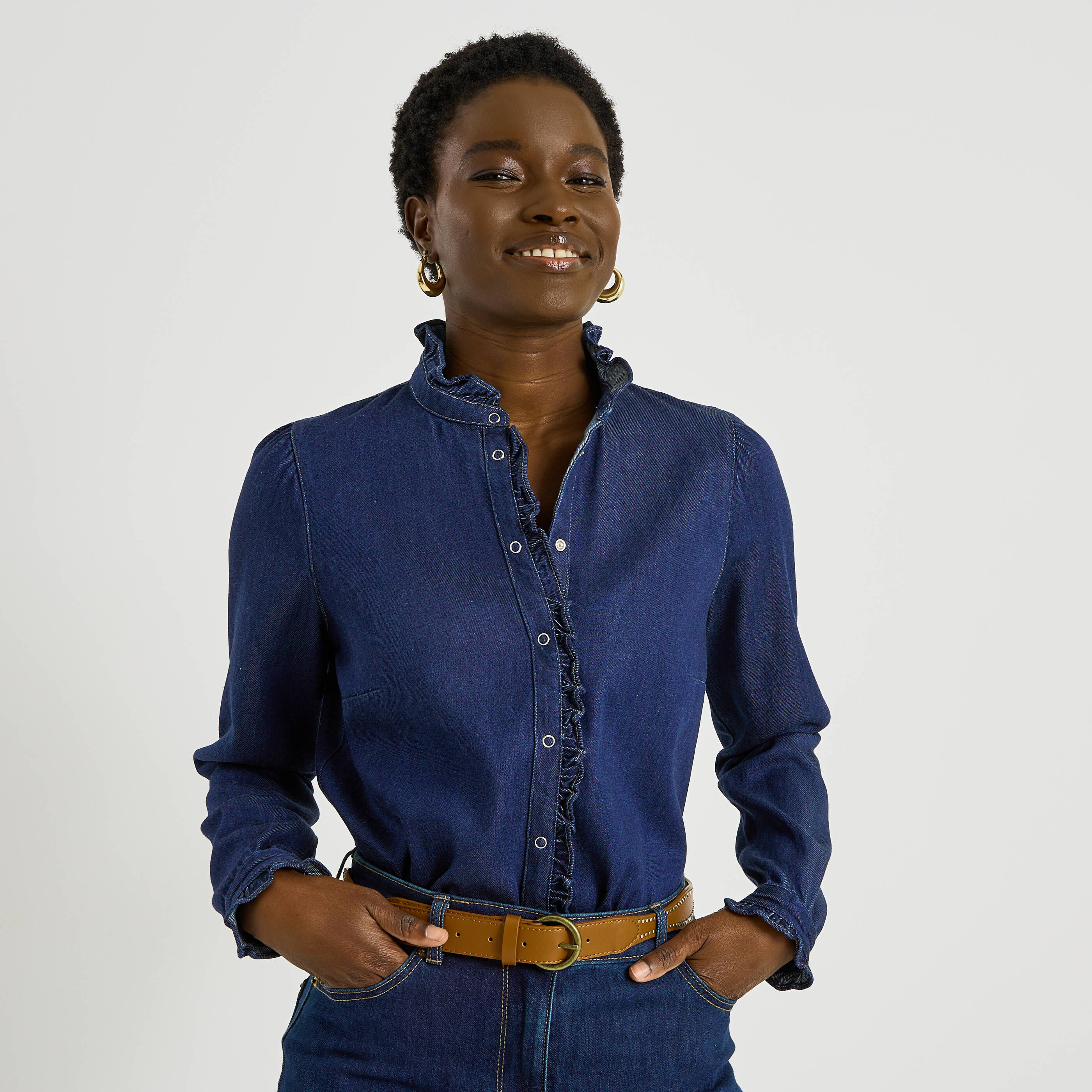 Chemise en denim &agrave; volants femme