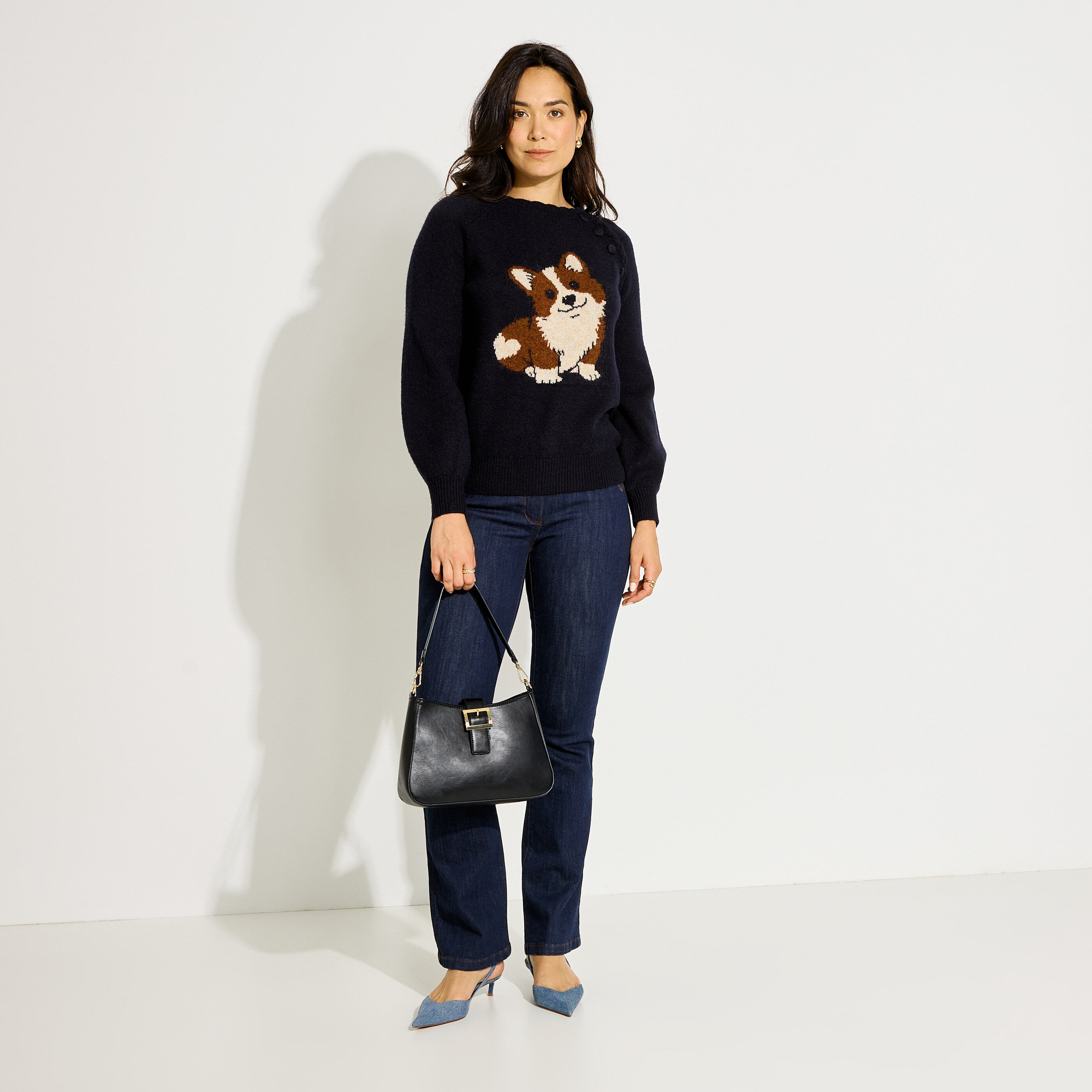 Pull en maille col rond chien femme