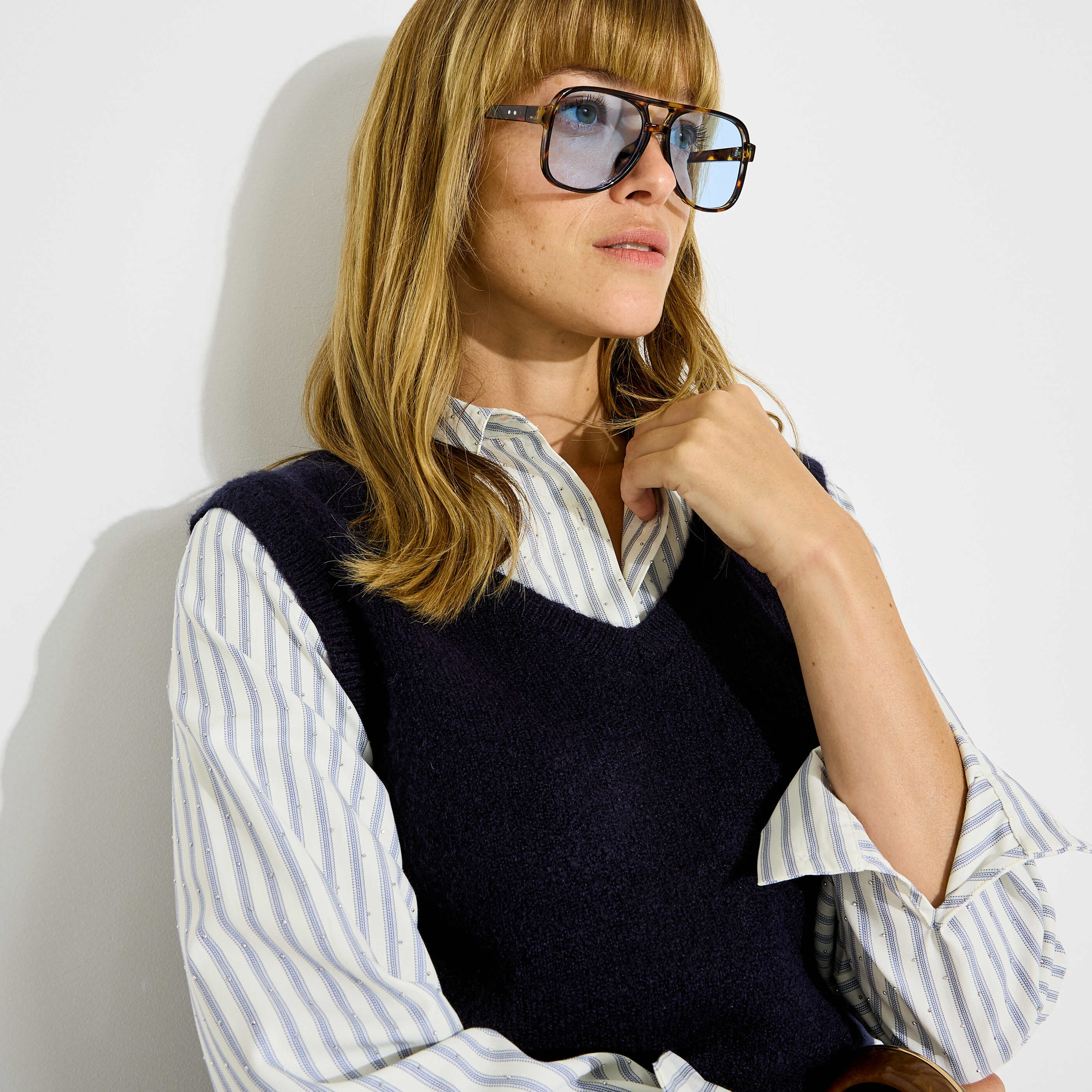 Pull-chemise bi-mati&egrave;re pour femme
