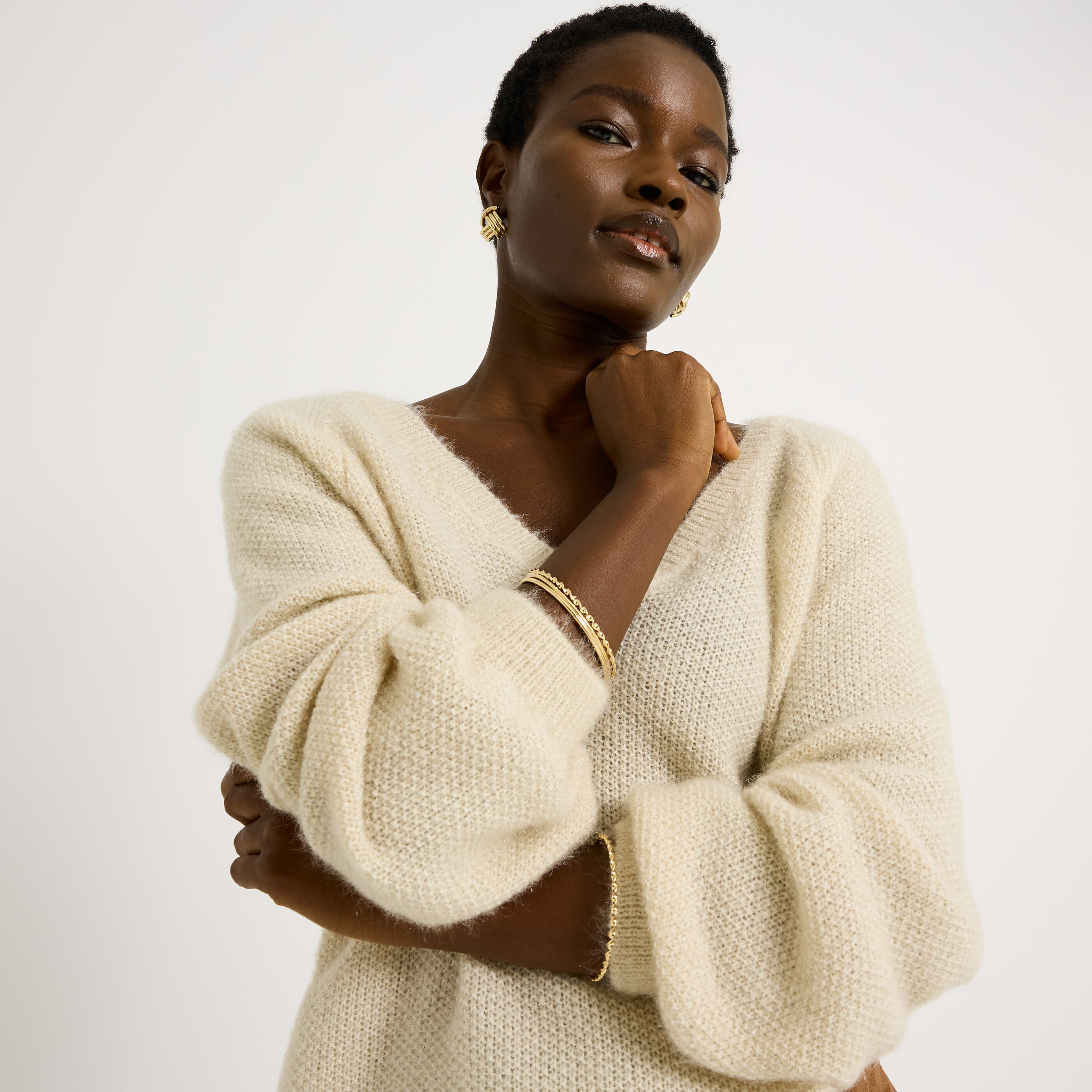 Pull fluffy &agrave; col V femme