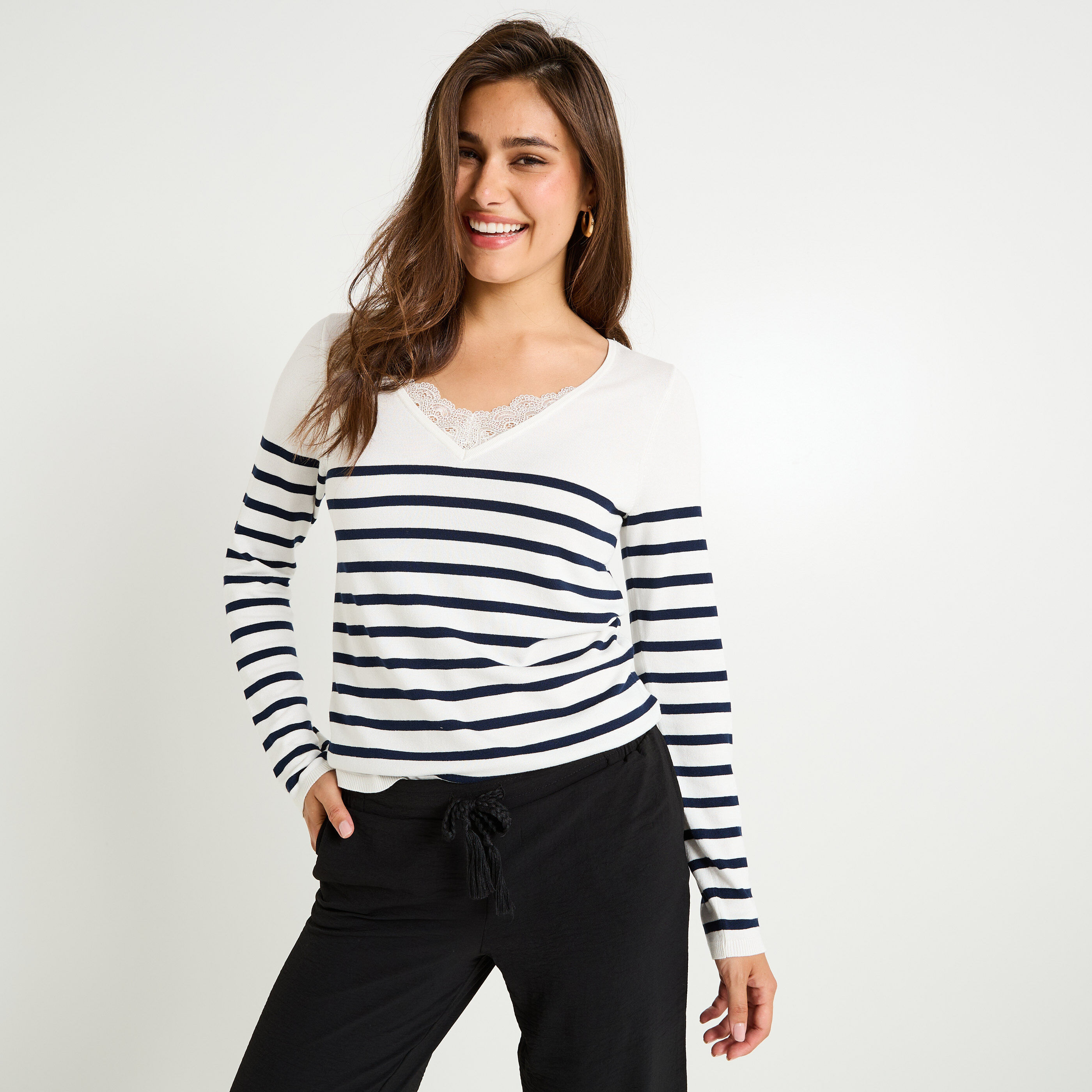 Pull col V guipure femme