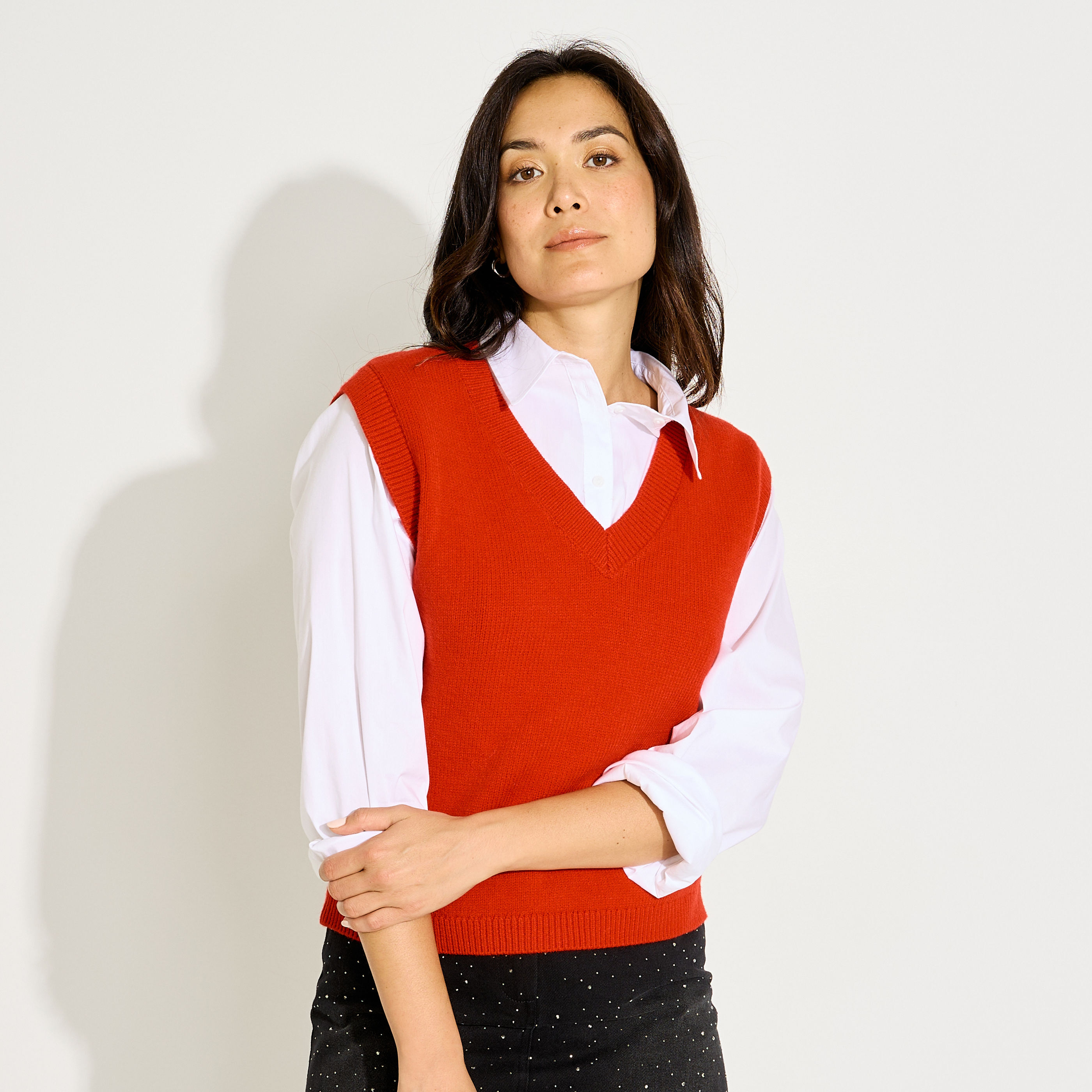 Pull sans manches col V femme
