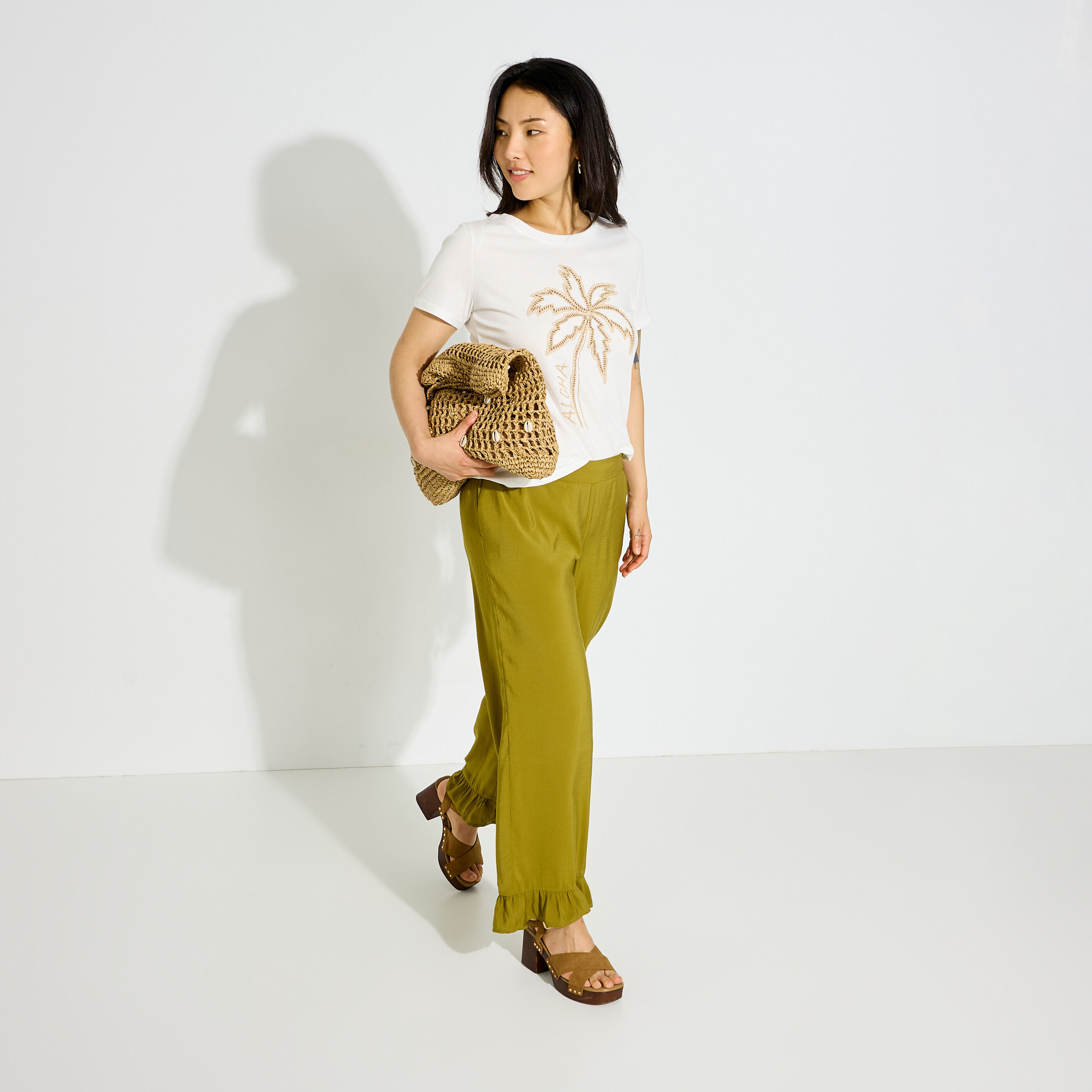 T-shirt col rond broderie palmier femme