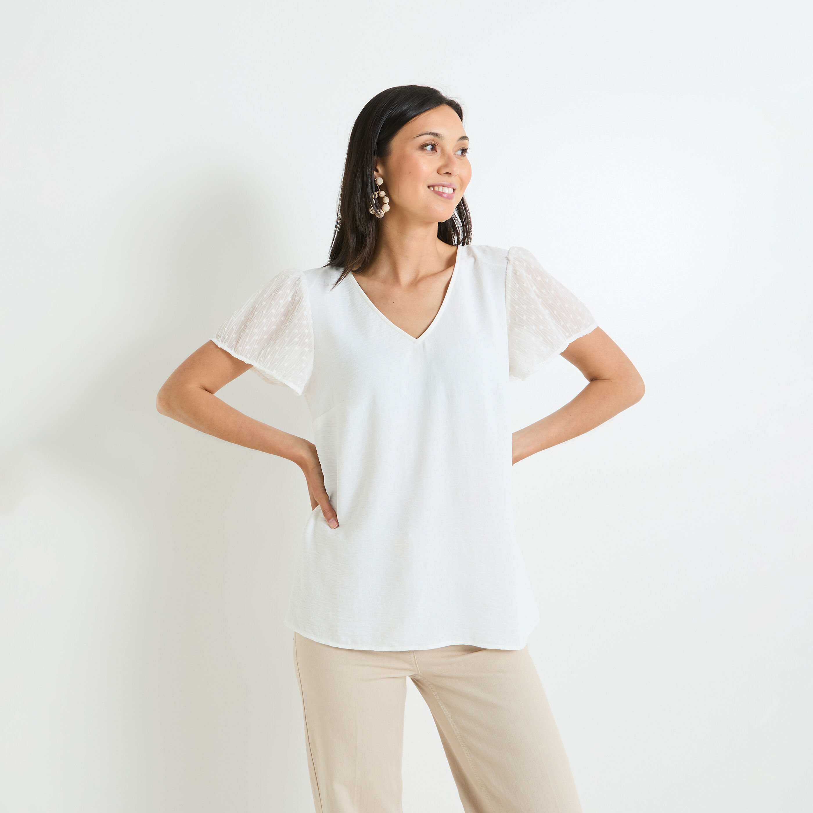 Blouse col V manches courtes femme