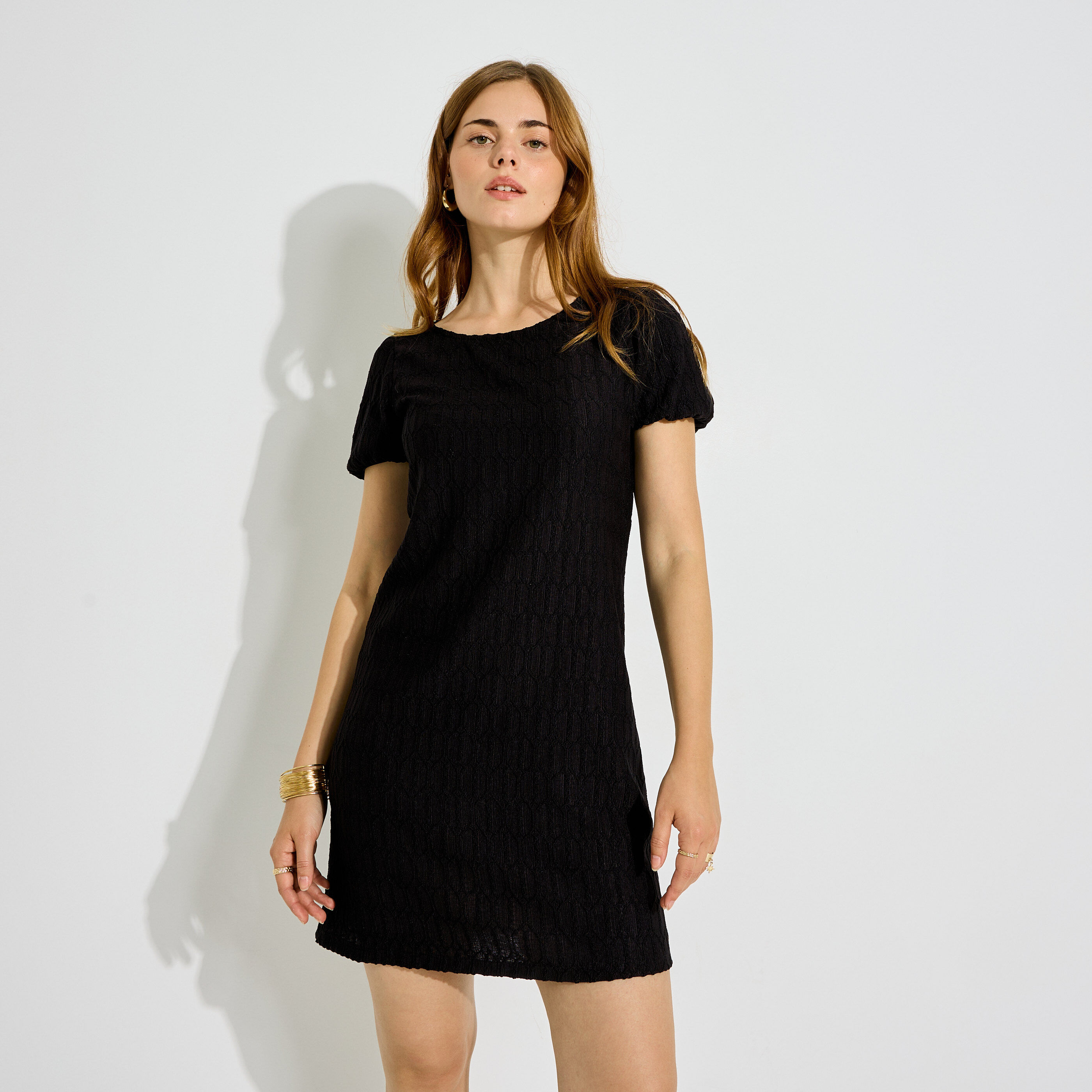 Robe courte en maille &agrave; manches ballon