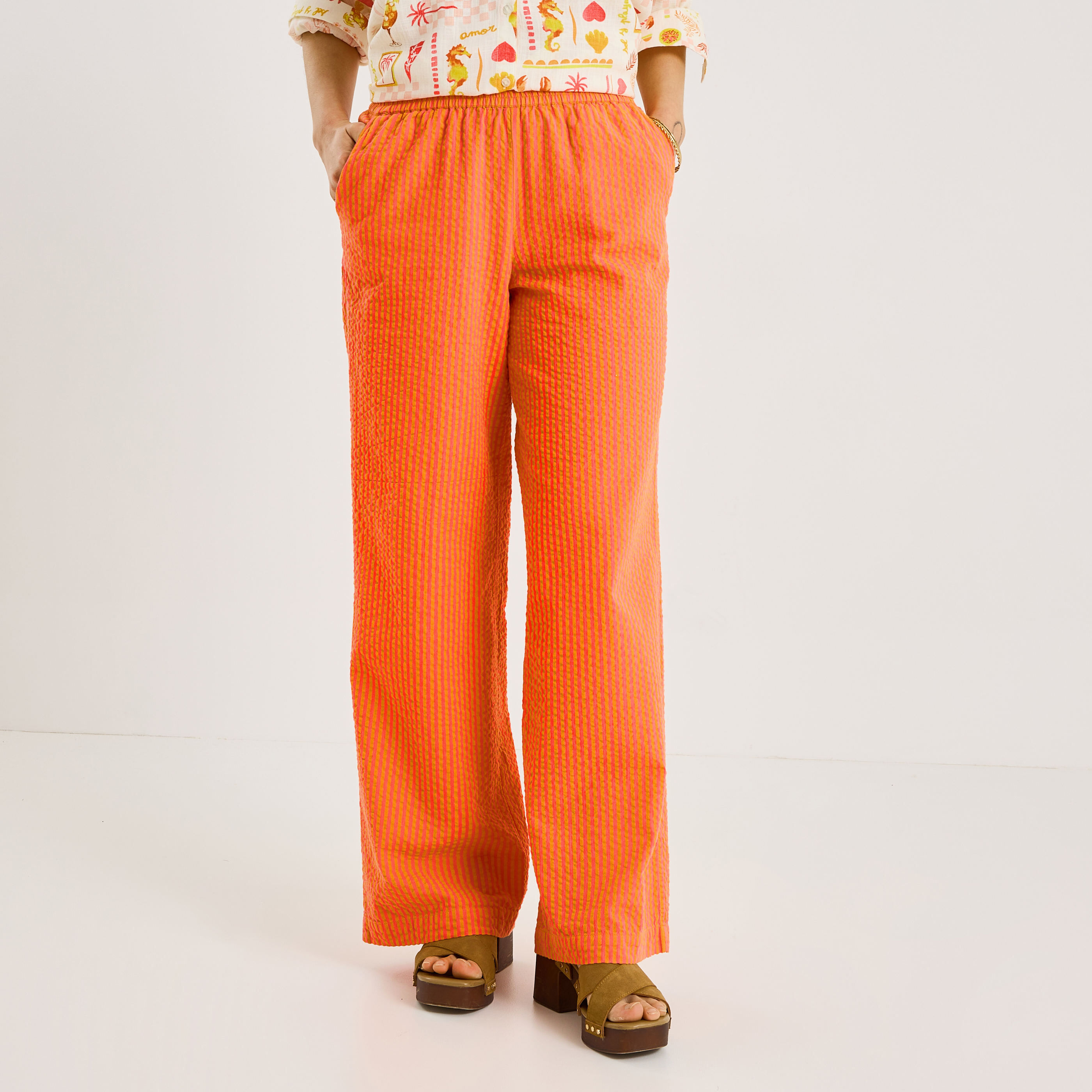 Pantalon seersucker ray&eacute; femme
