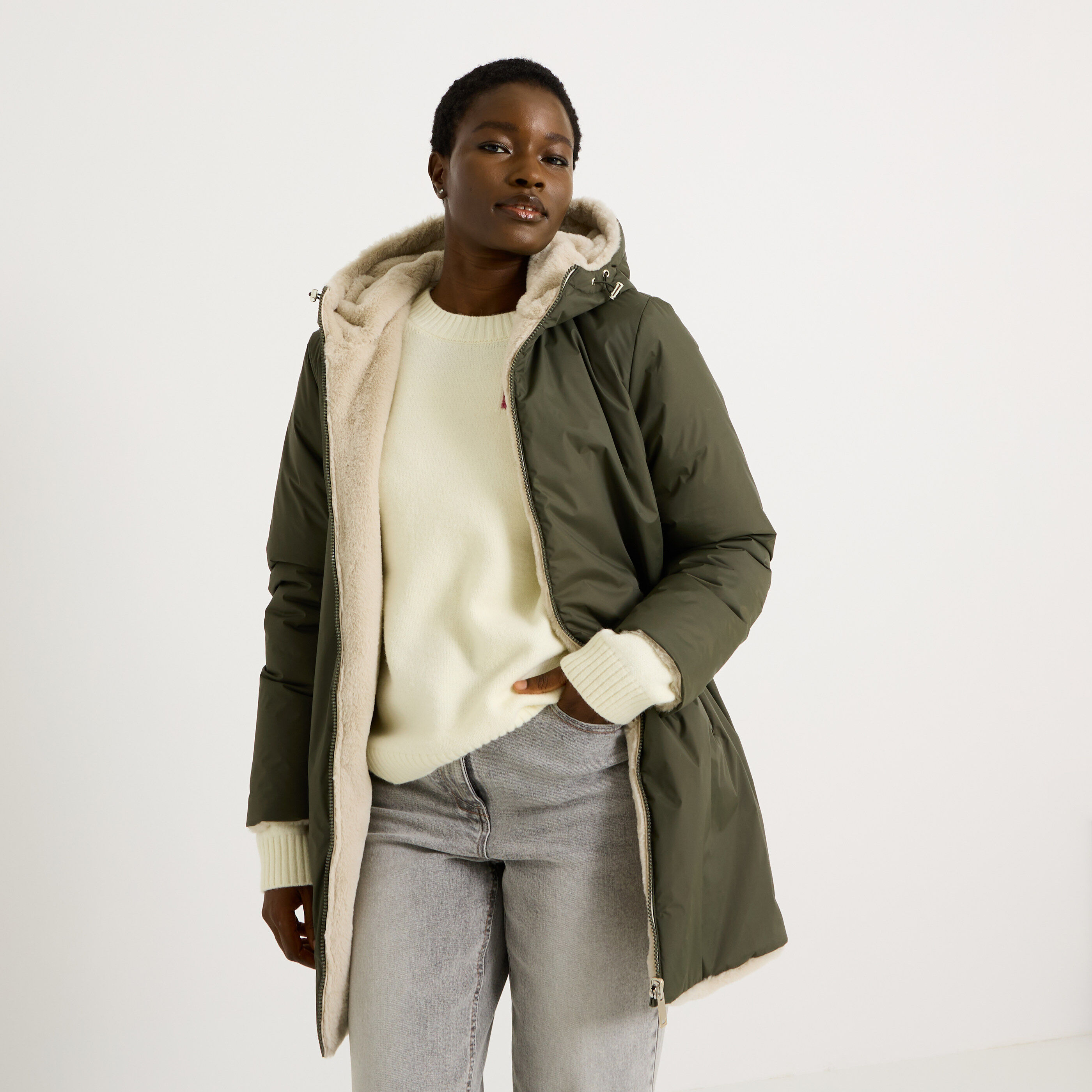 Parka mi-longue r&eacute;versible femme