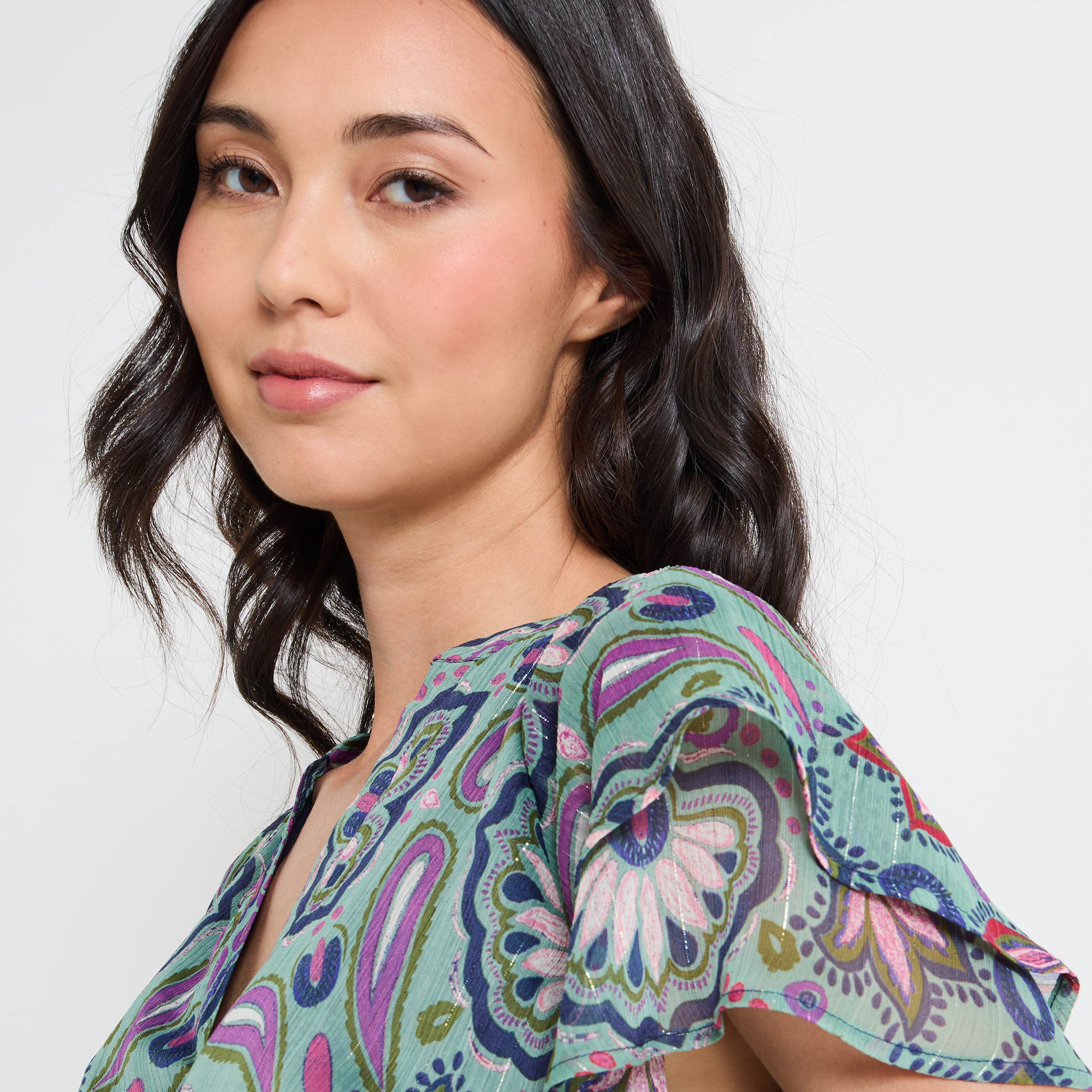 Blouse imprim&eacute;e col V femme