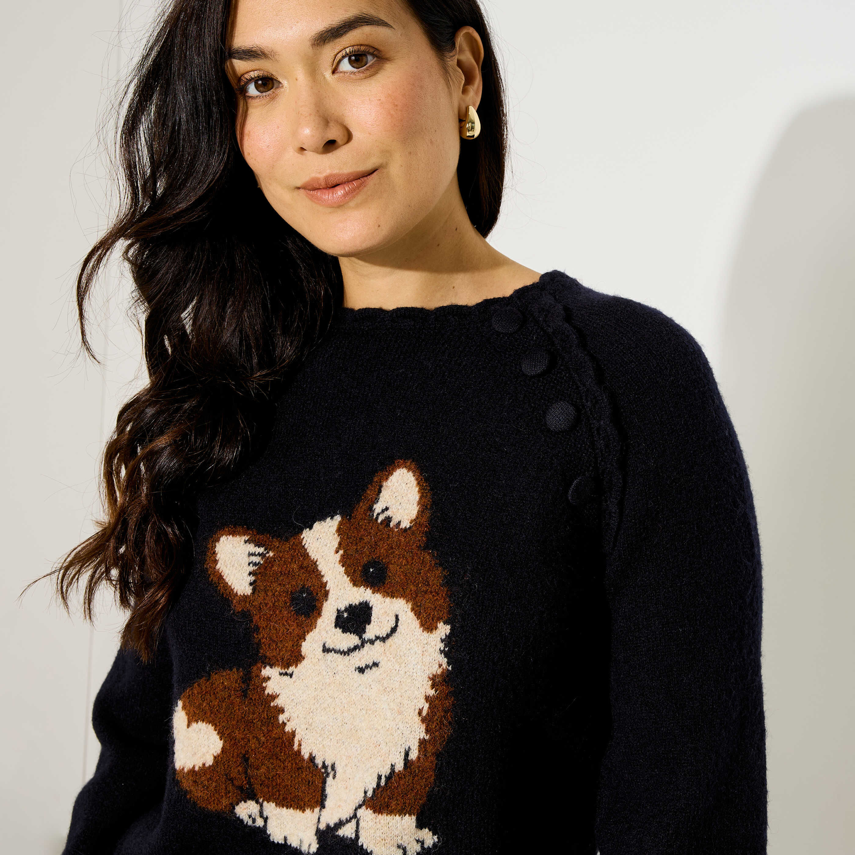 Pull en maille col rond chien femme