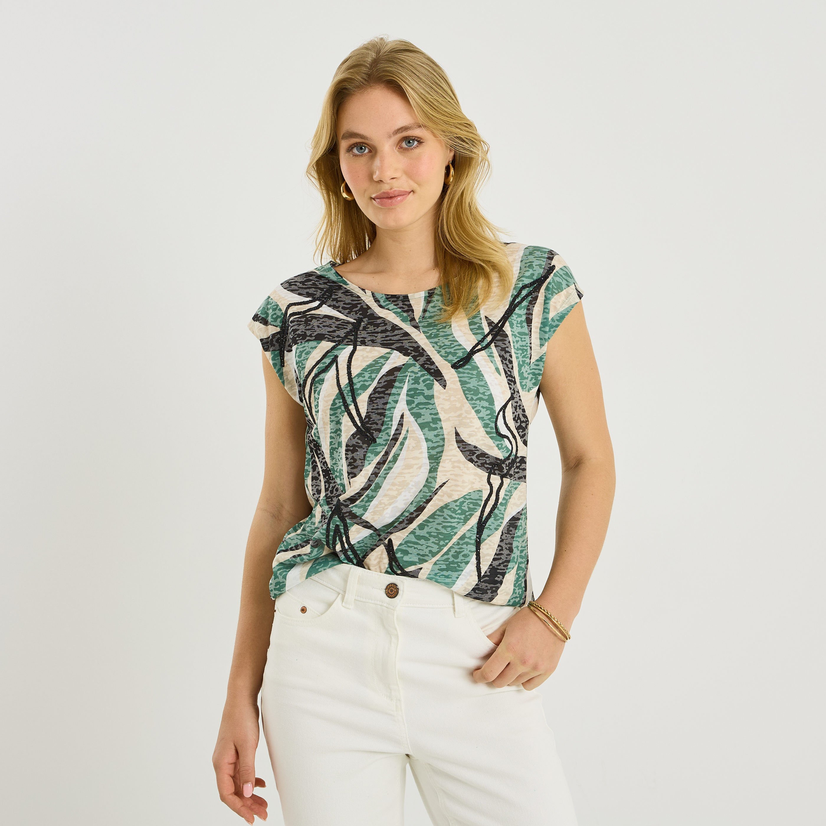 T-shirt col rond motif abstrait femme