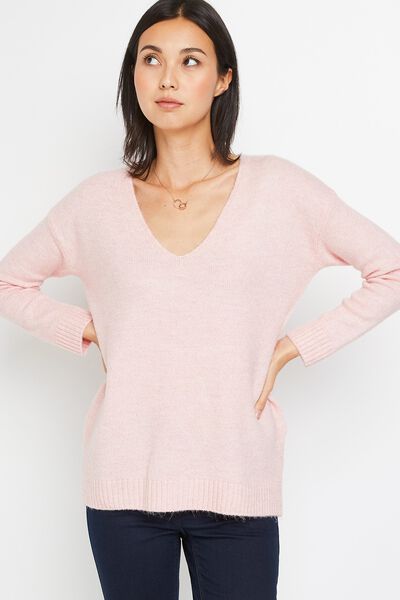 Pull long col V femme