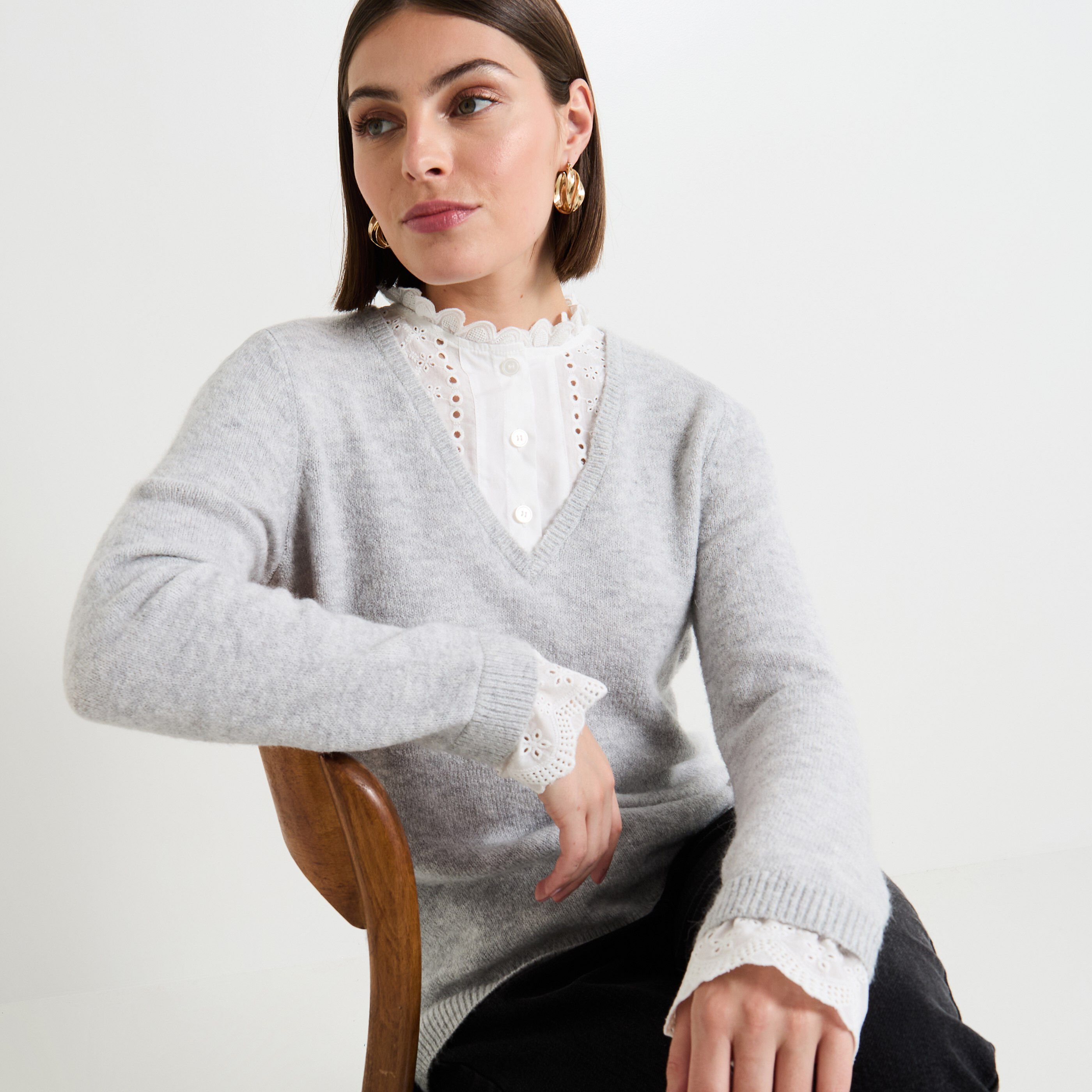 Pull col chemise femme GRIS CHINE Graindemalice