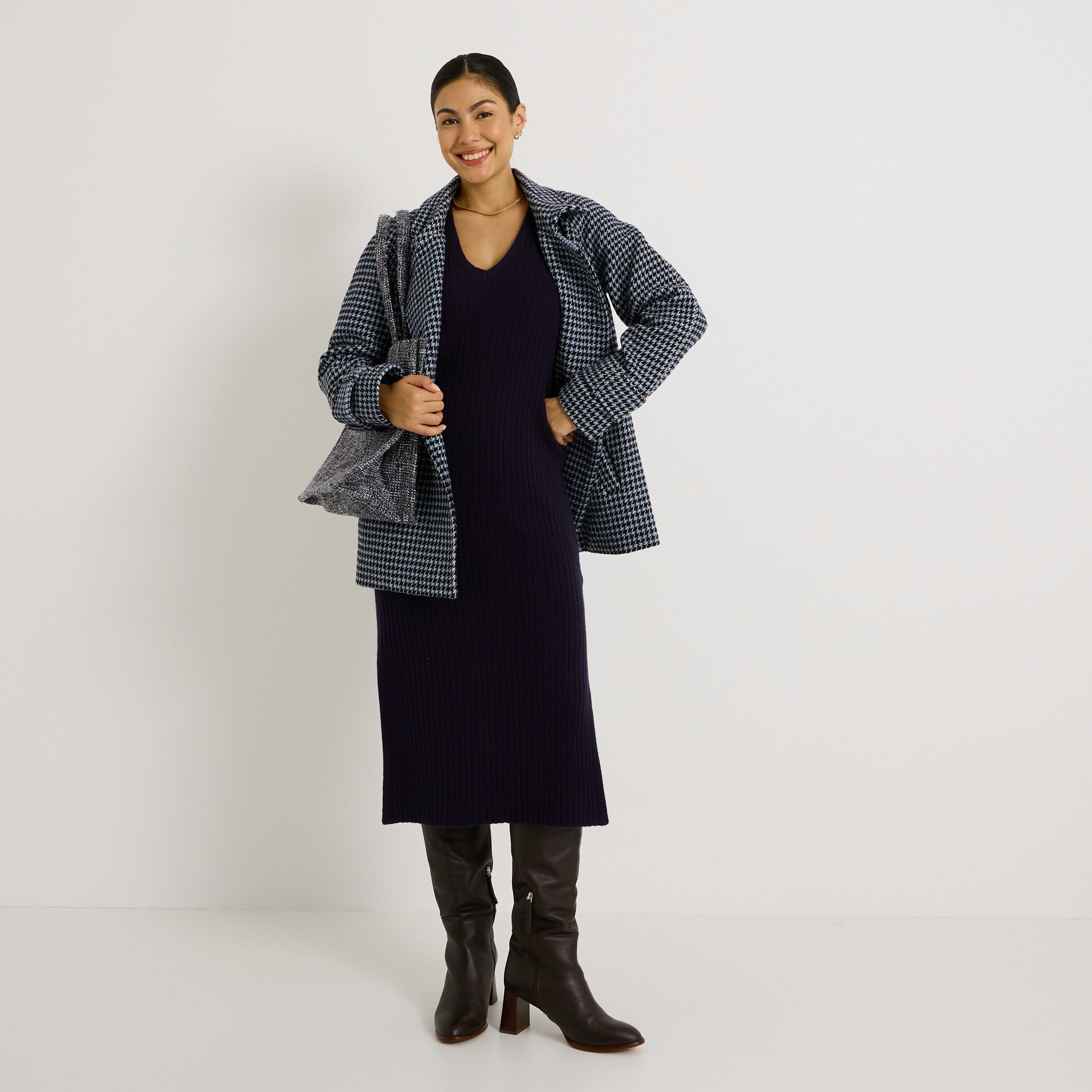 Manteau imprim&eacute; pied-de-poule femme