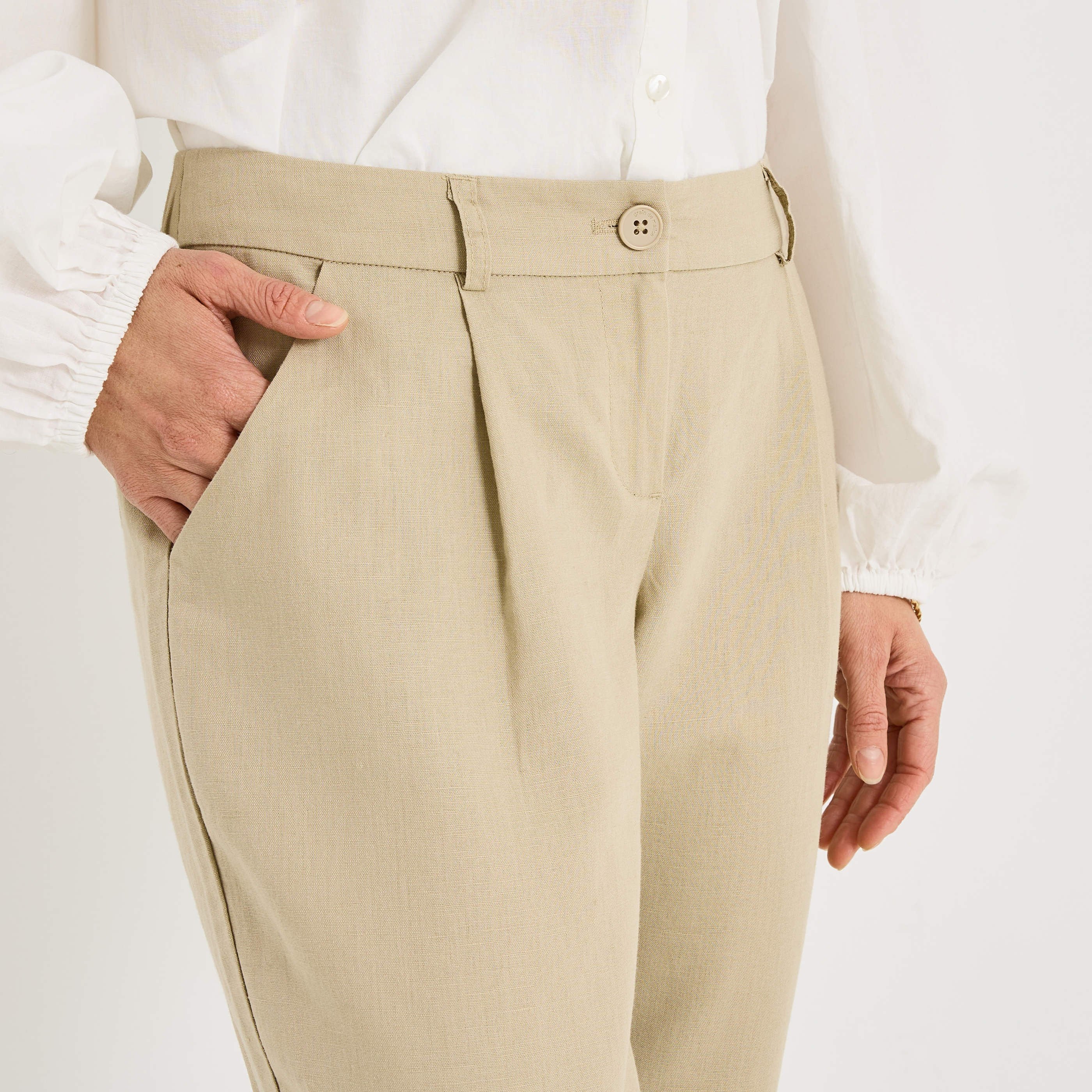 Pantalon &agrave; plis en lin m&eacute;lang&eacute; femme