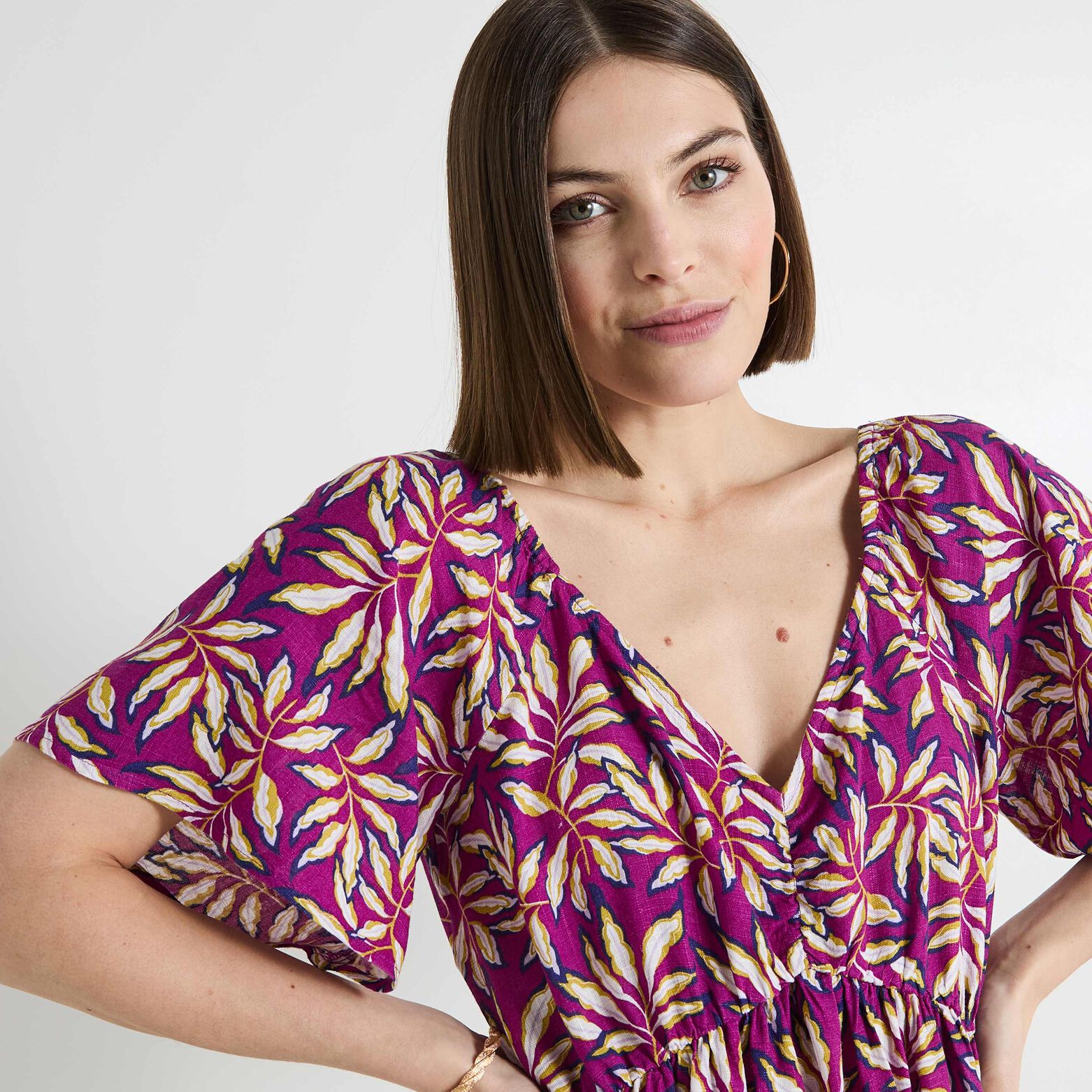 Robe col V imprimée femme