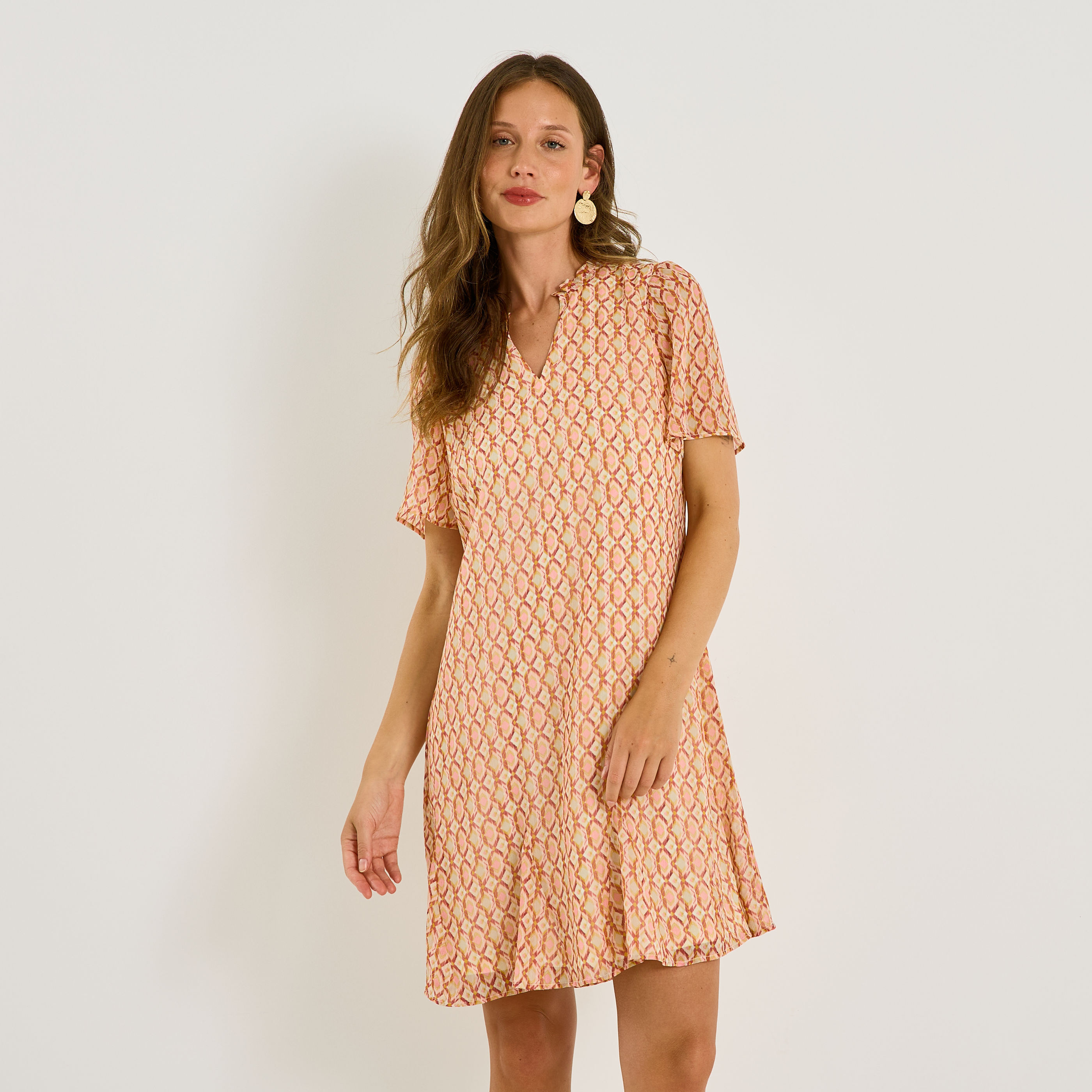 Robe courte trap&egrave;ze imprim&eacute; g&eacute;om&eacute;trique
