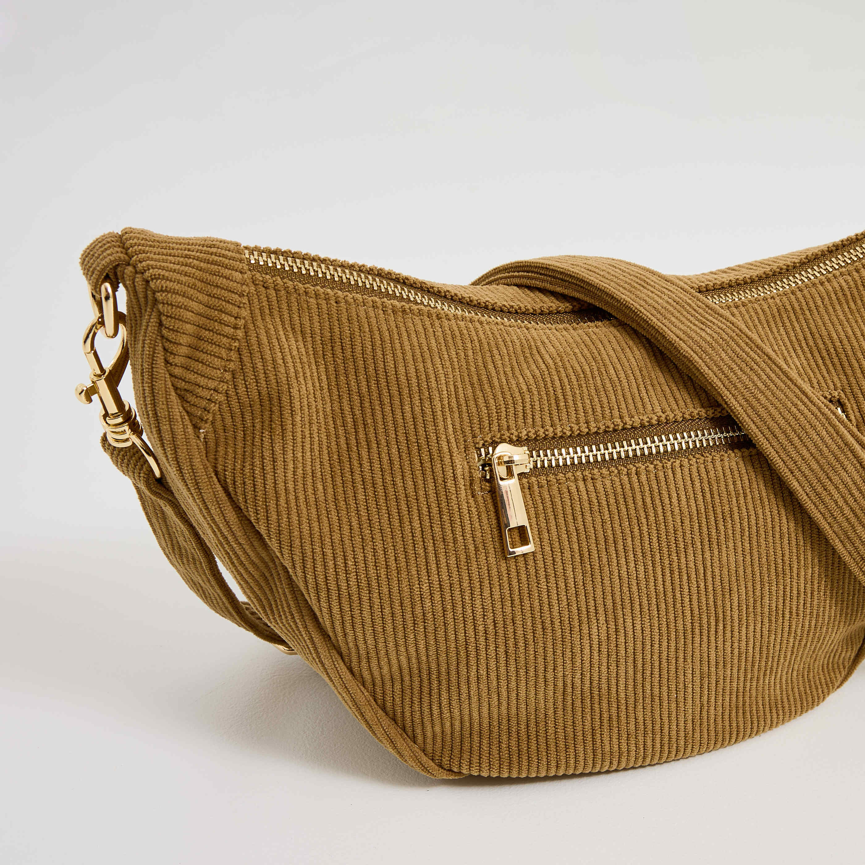 Sac demi-lune en velours c&ocirc;tel&eacute; femme