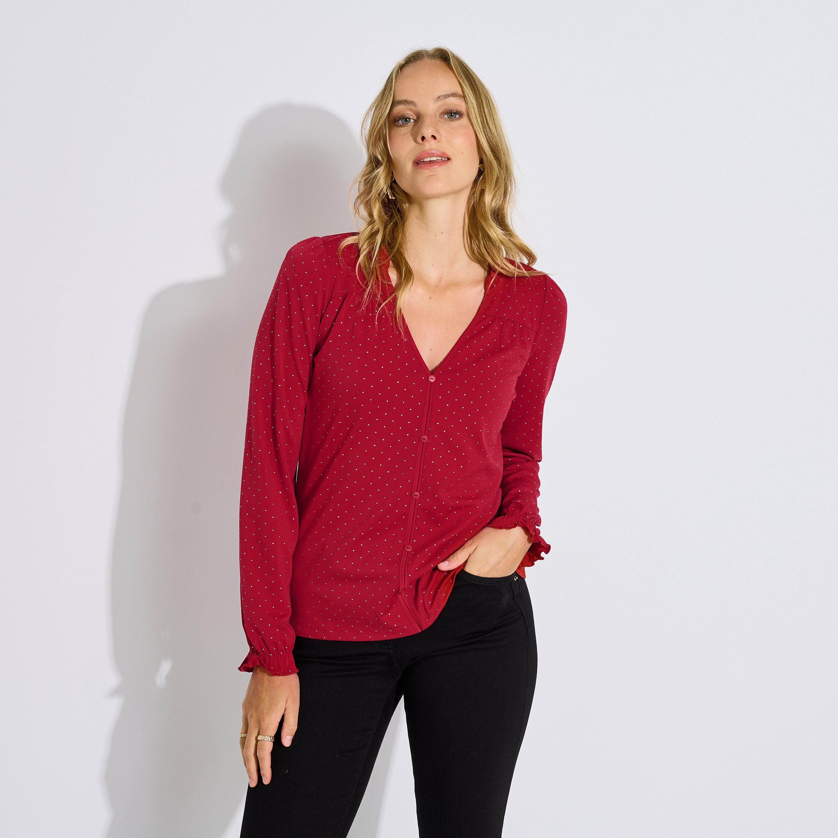 Blouse col V strass femme