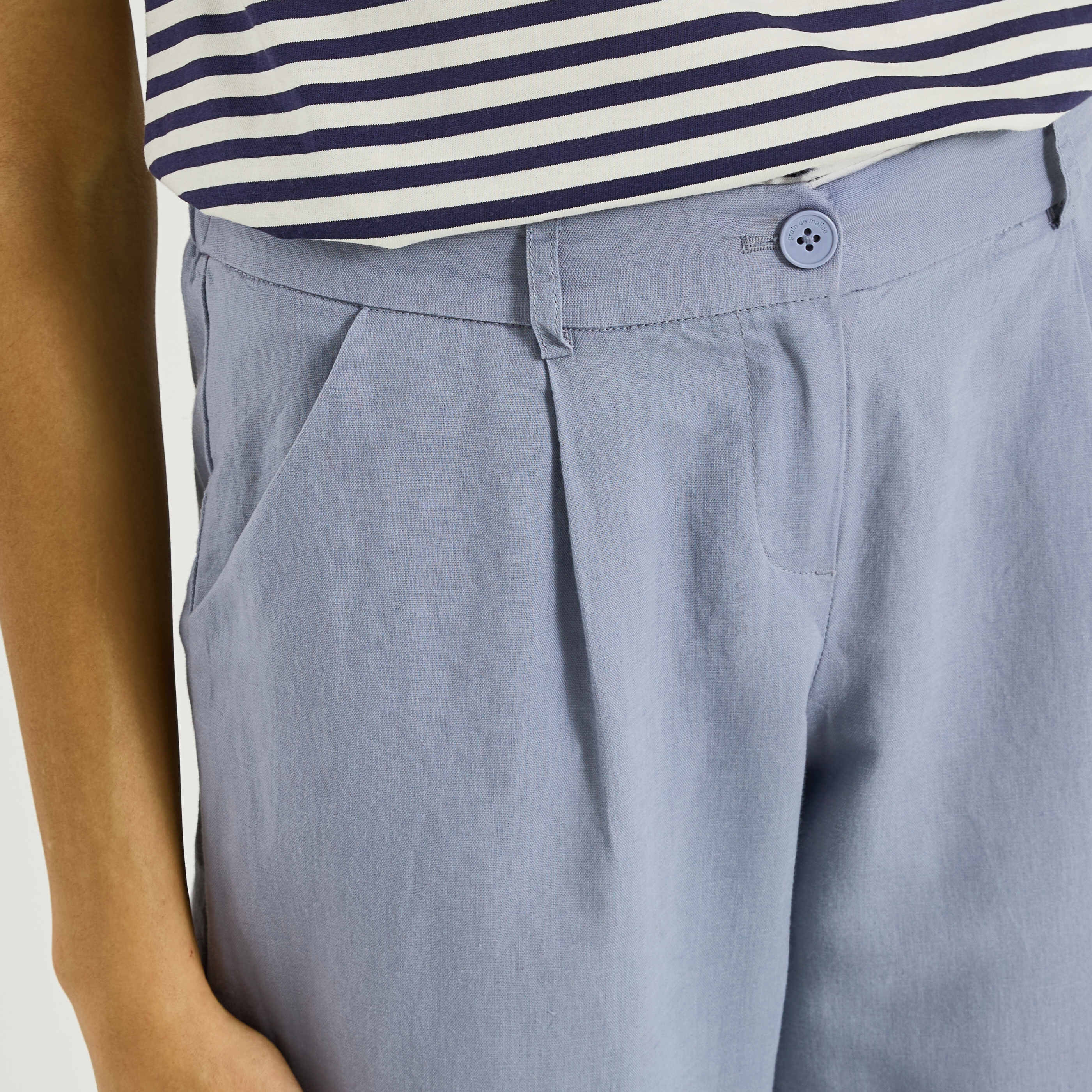 Pantalon &agrave; plis en lin m&eacute;lang&eacute; femme