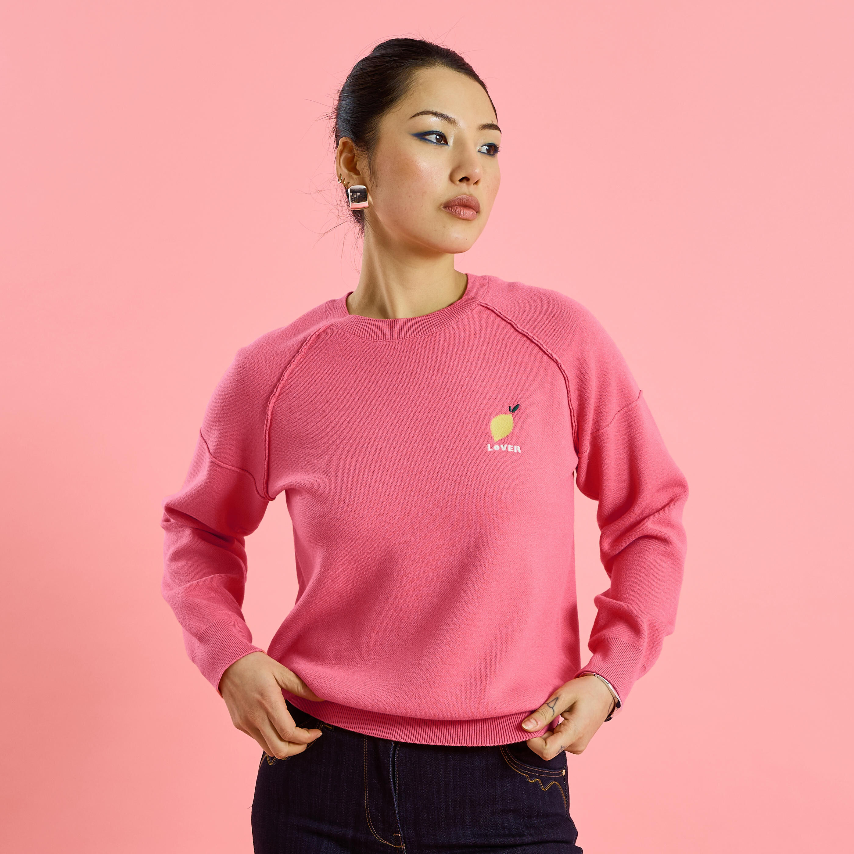 Pull col rond broderie citron femme