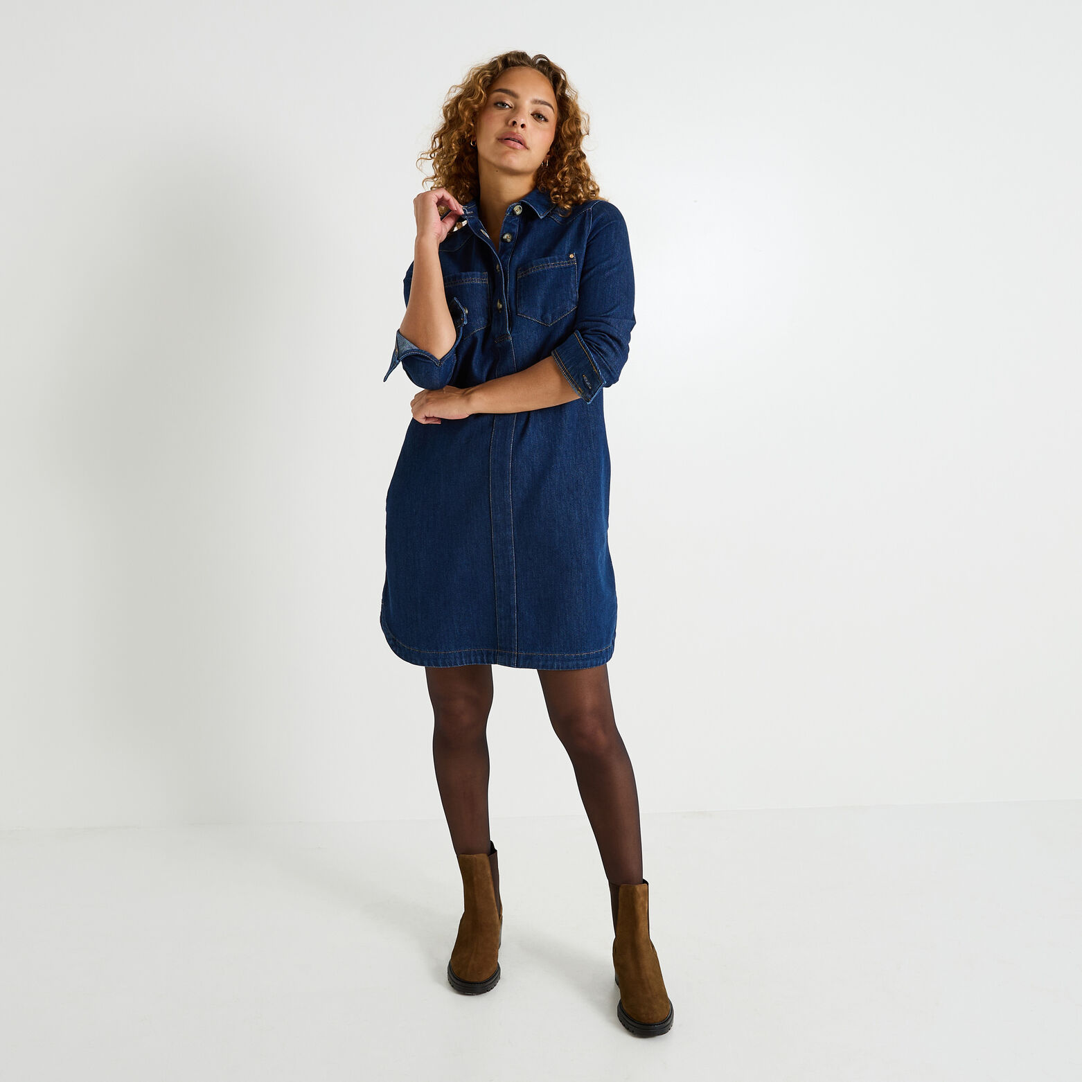 Robe denim col chemise