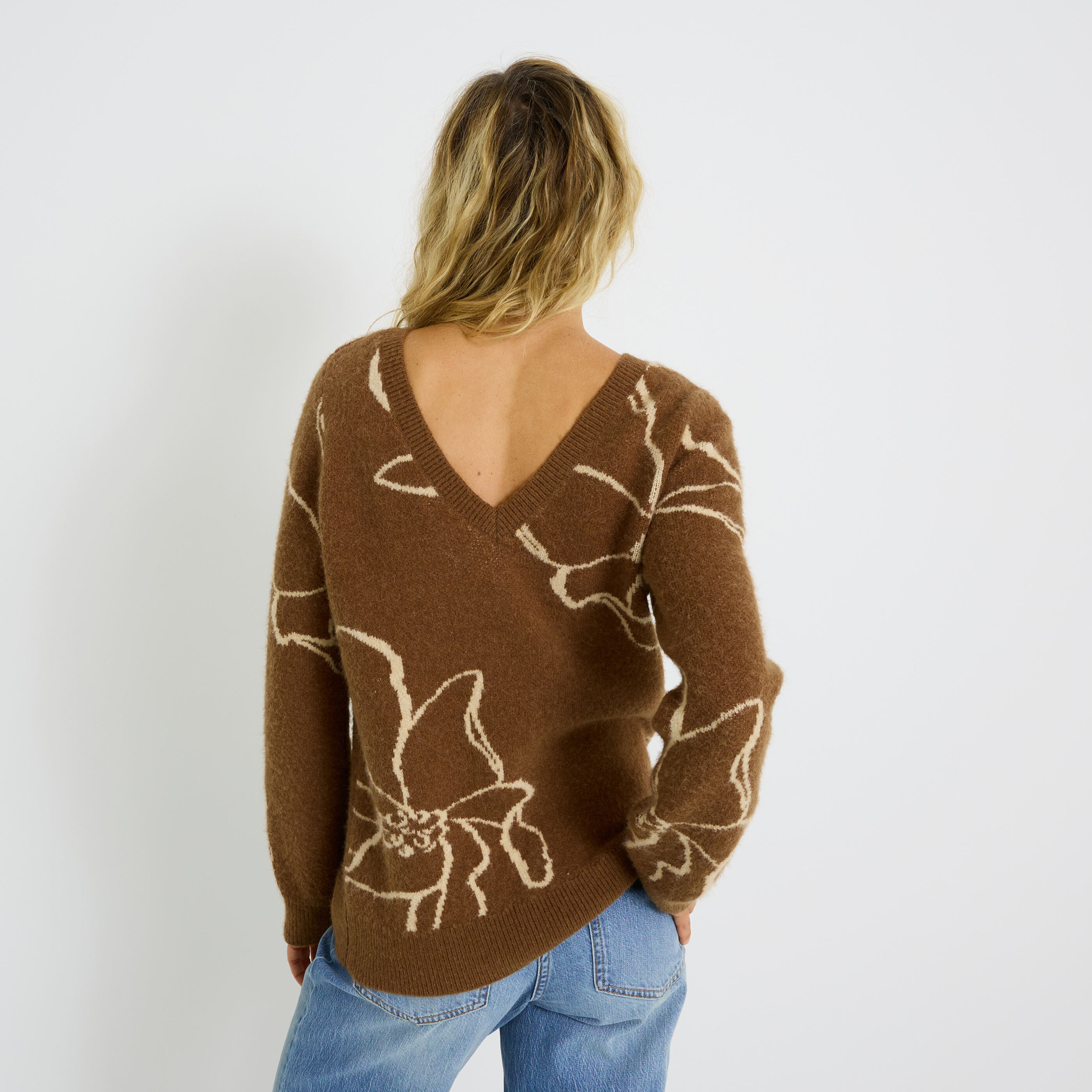 Pull col V en jacquard femme