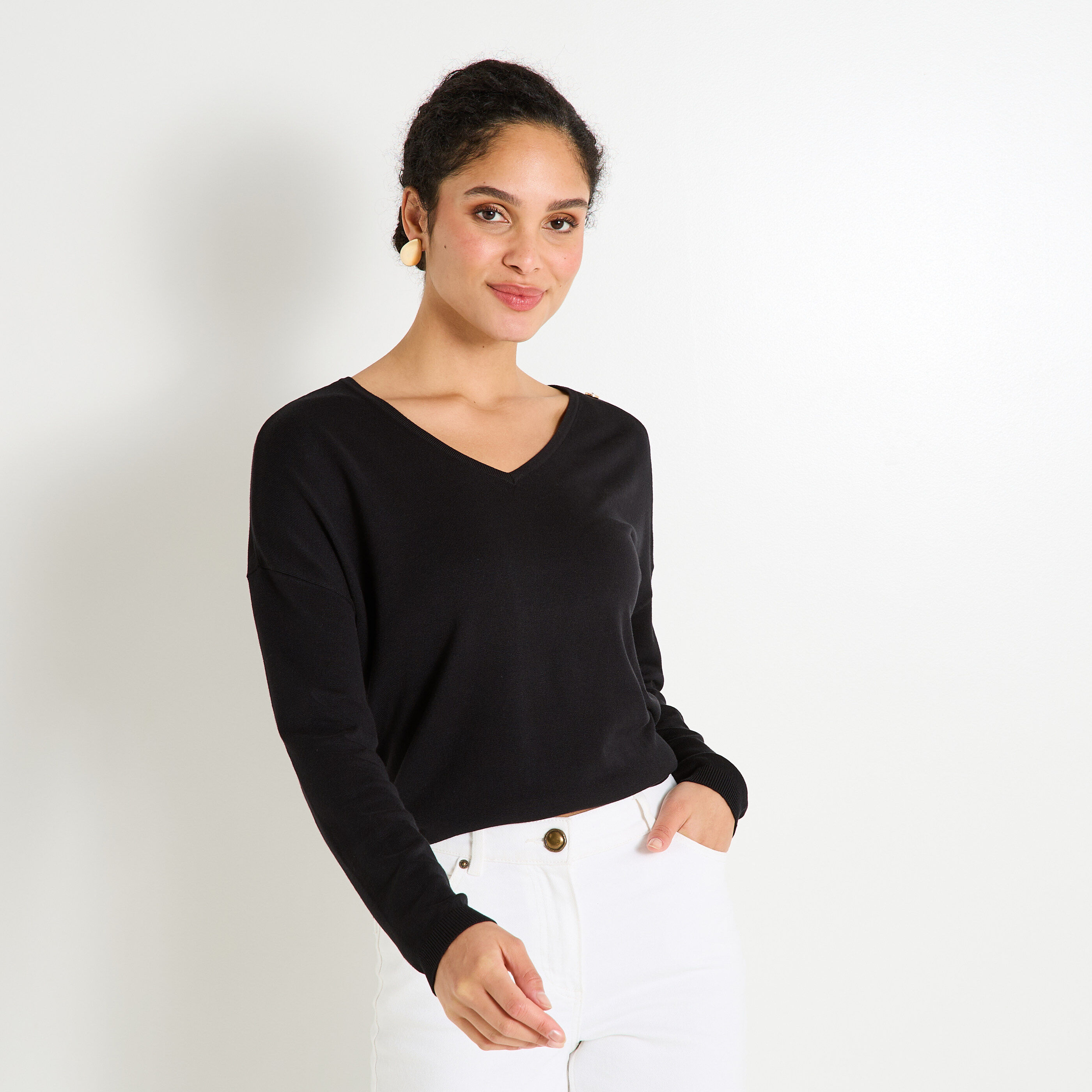 Pull uni &agrave; col V femme