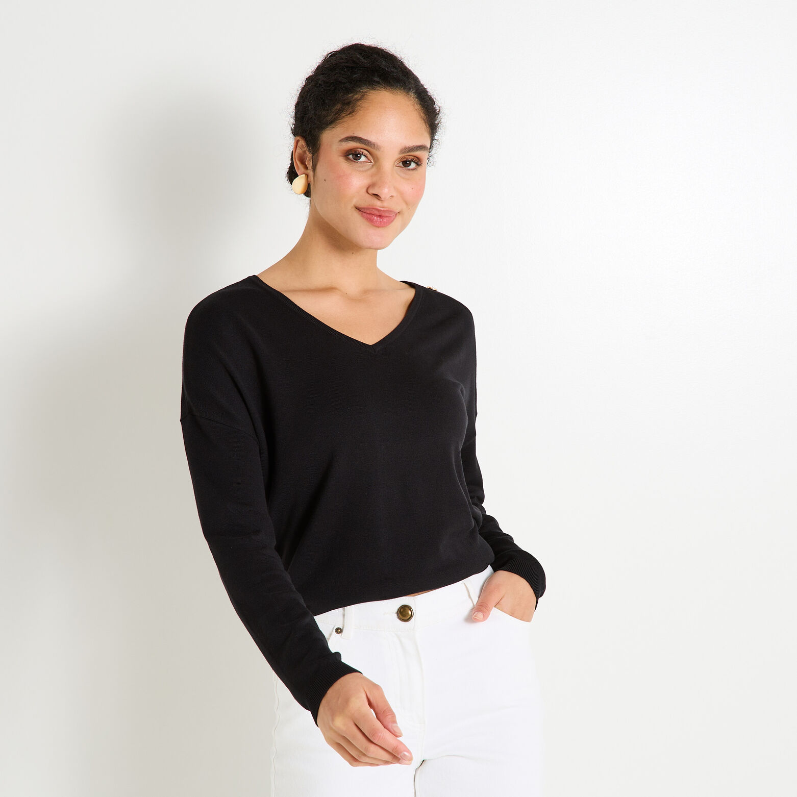 Pull uni col V femme