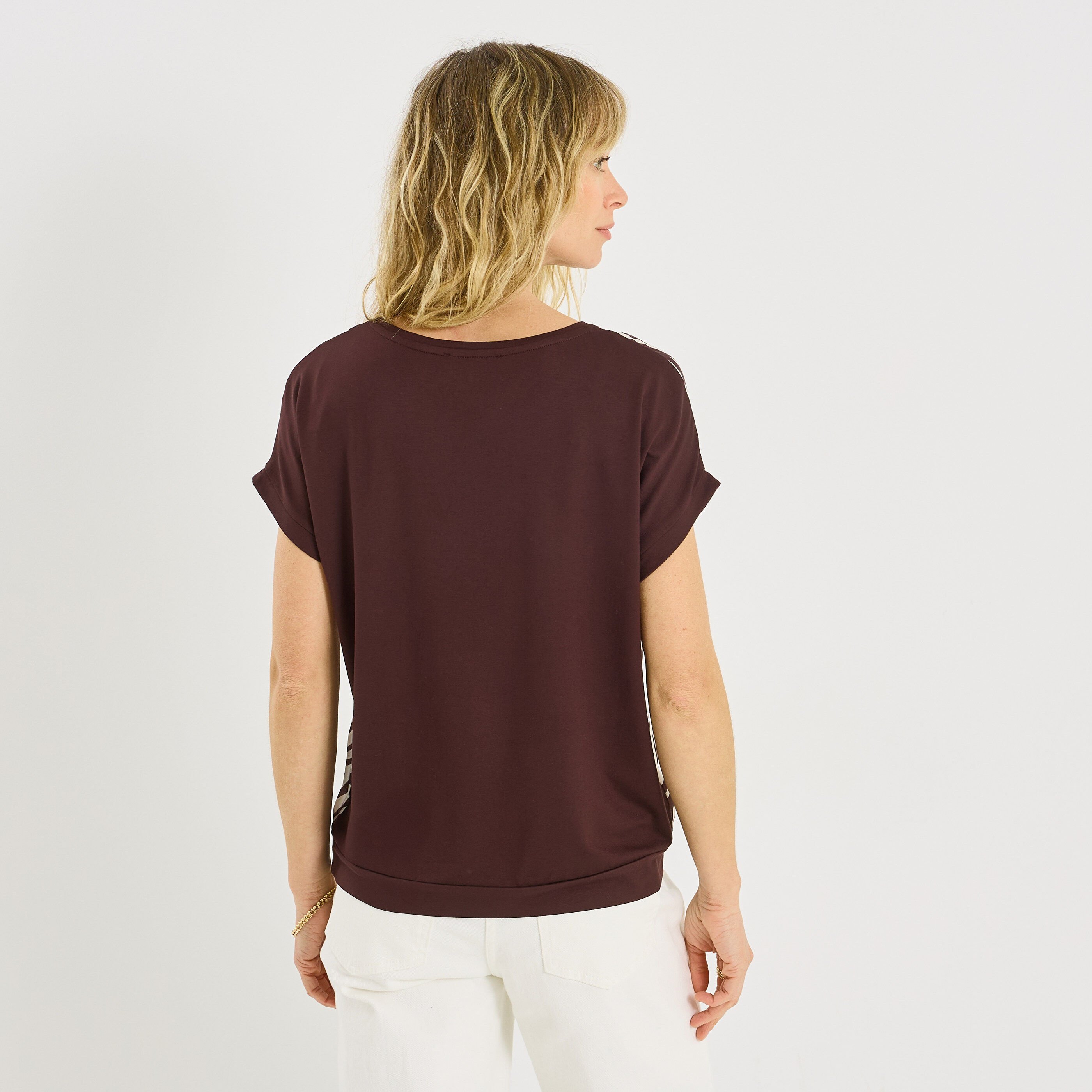T-shirt bi-mati&egrave;re imprim&eacute; z&eacute;br&eacute; femme