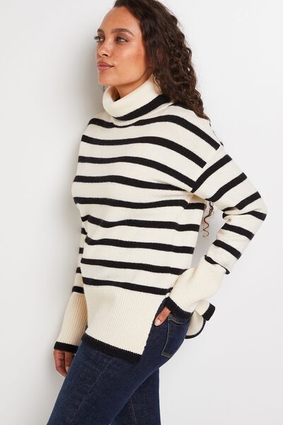 Pull col roulé marinière femme
