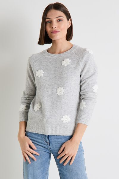 Pull fleurs brodées femme