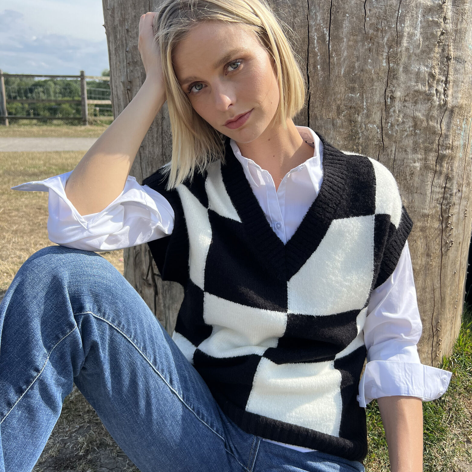 Pull sans manches patchwork femme