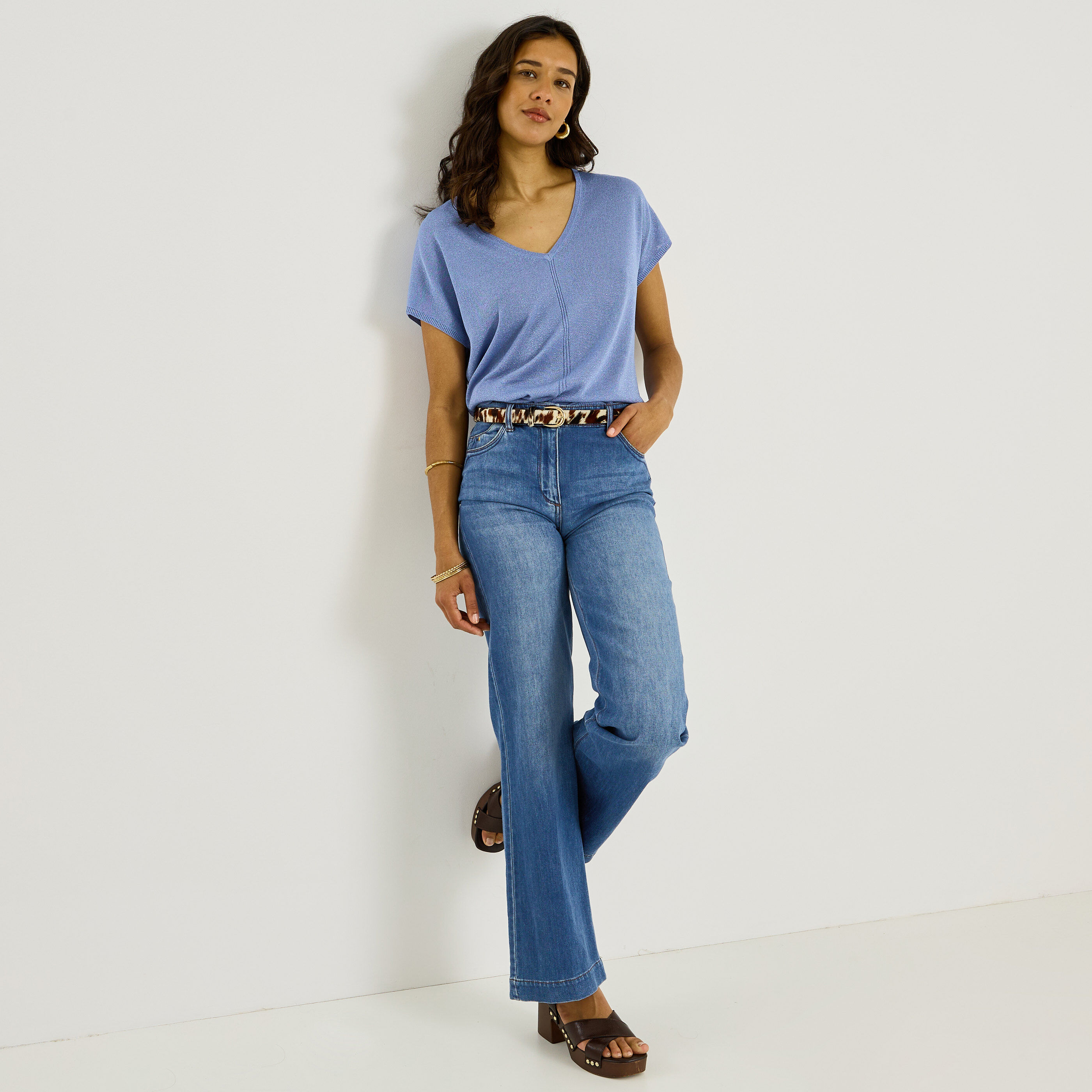 Pull brillant manches courtes femme