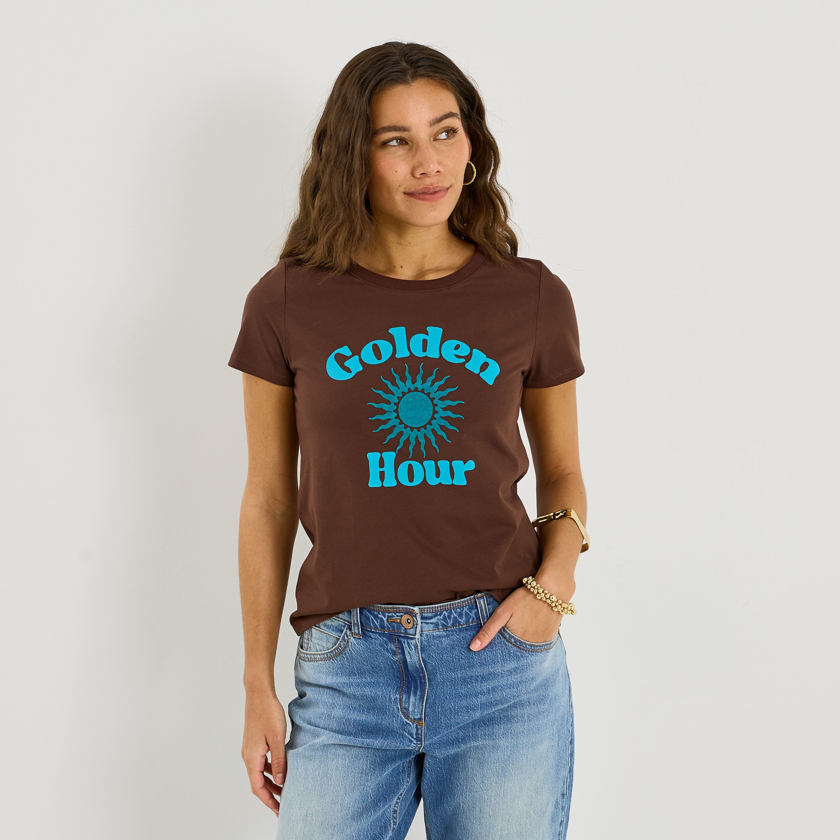 T-shirt col rond print soleil femme