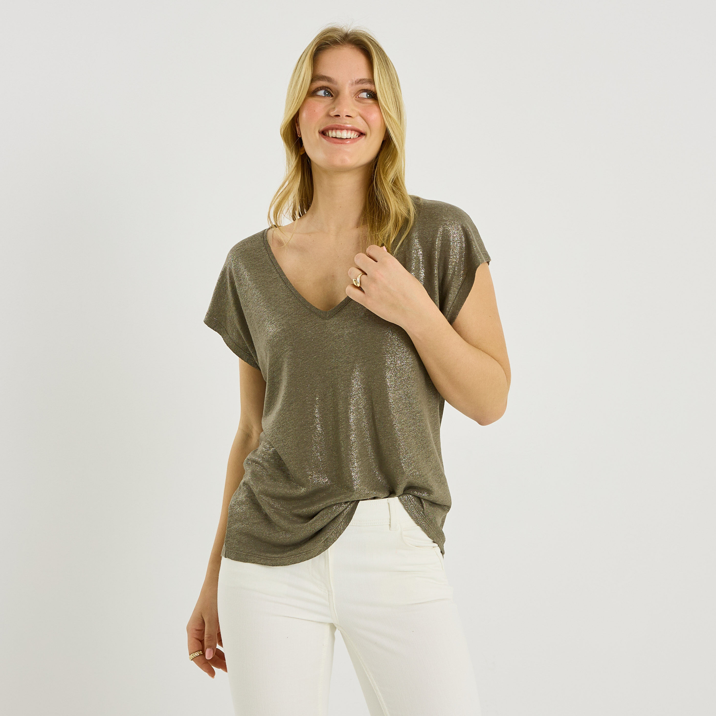 T-shirt en lin m&eacute;lang&eacute; brillant femme