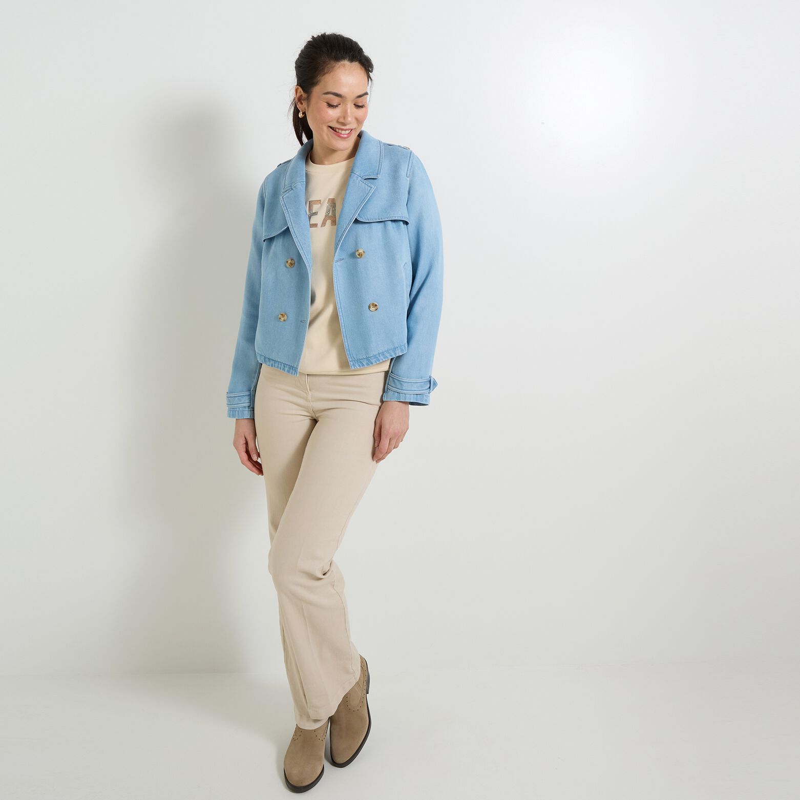 Trench court en denim femme