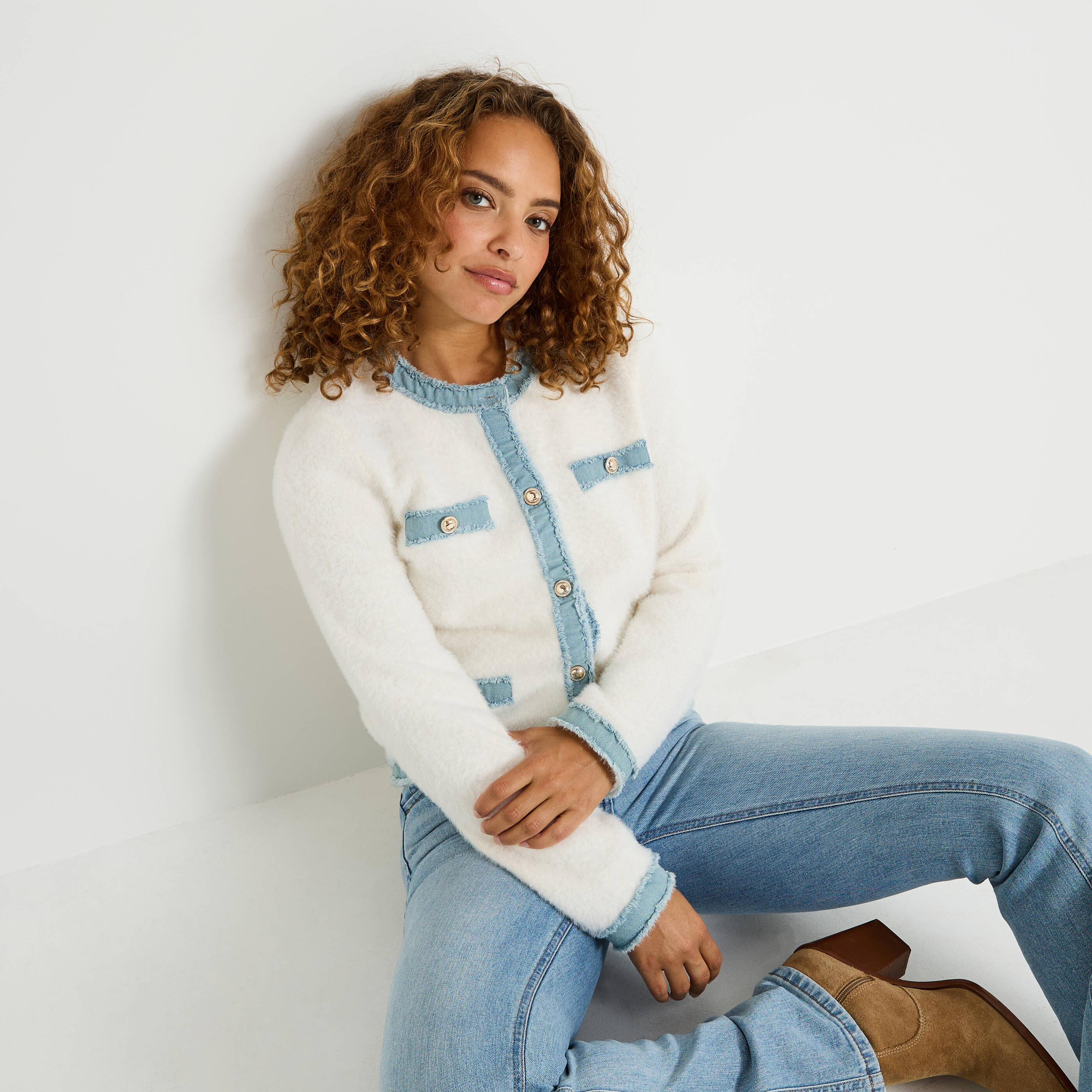 Gilet fluffy d&eacute;tail en denim femme