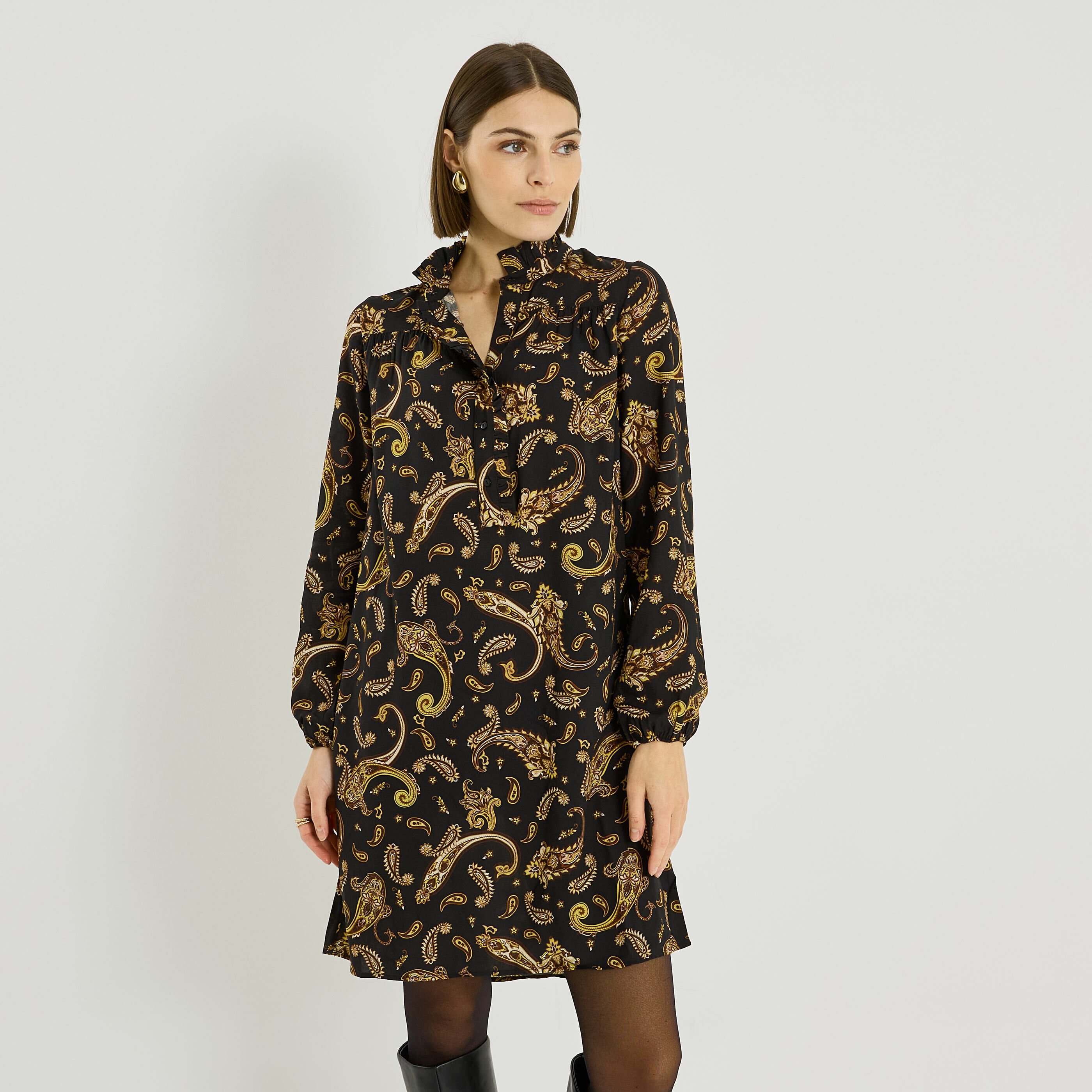 Robe col montant imprim&eacute; paisley 