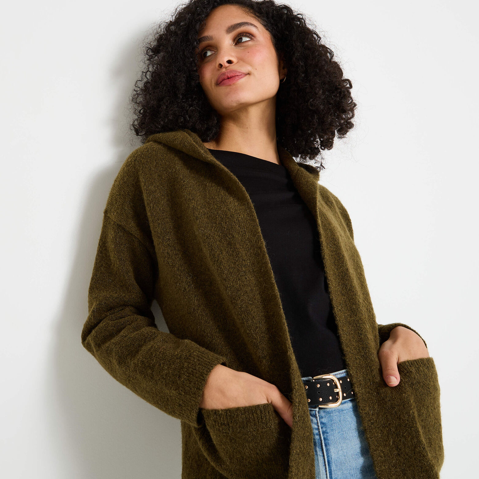 Gilet mi-long à capuche femme