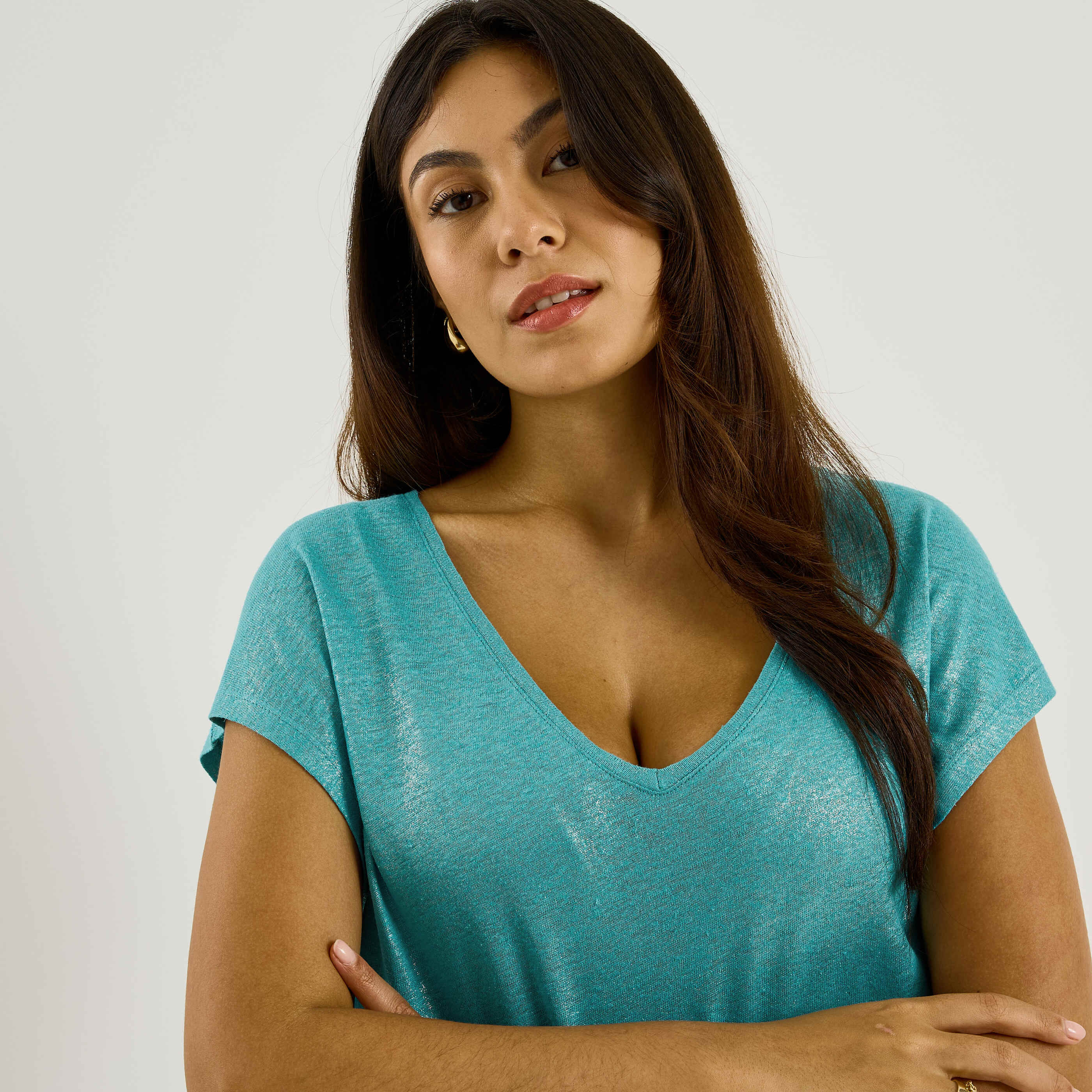 T-shirt en lin m&eacute;lang&eacute; brillant femme