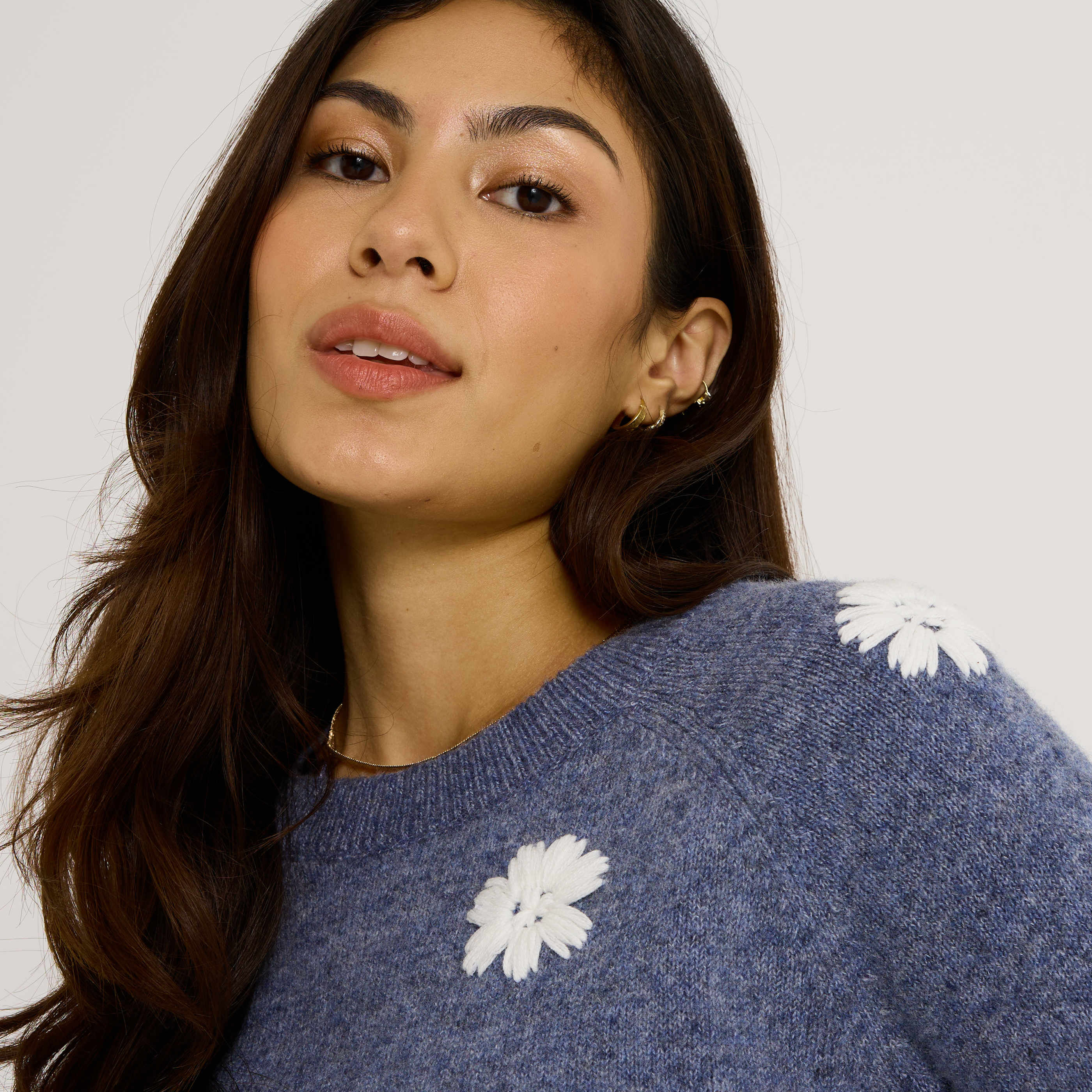 Pull fleurs brod&eacute;es col rond femme