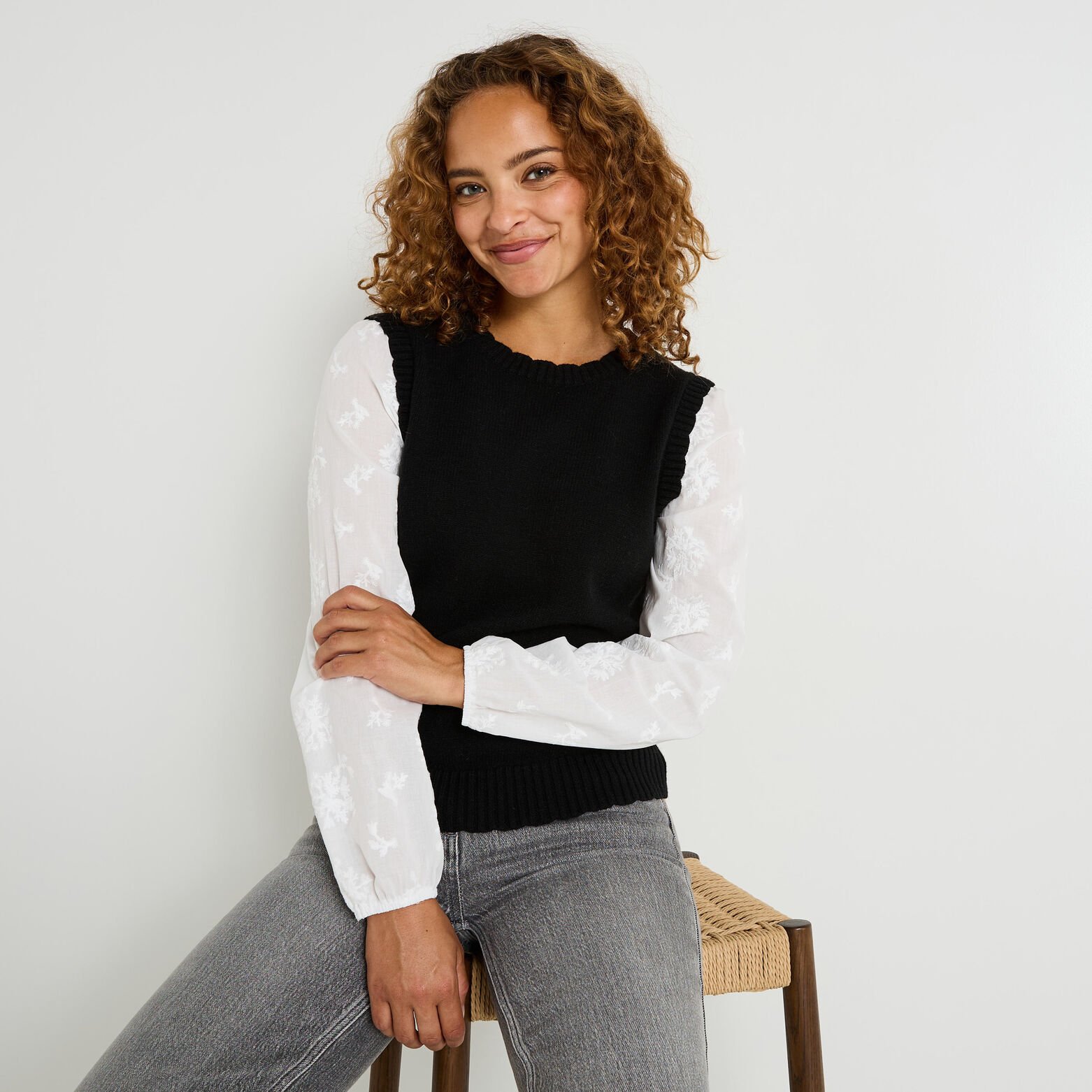 Pull bi-matière col rond femme