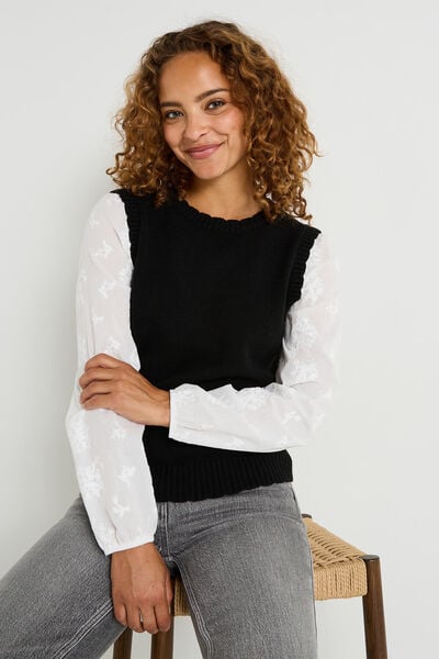 Pull bi-matière col rond femme