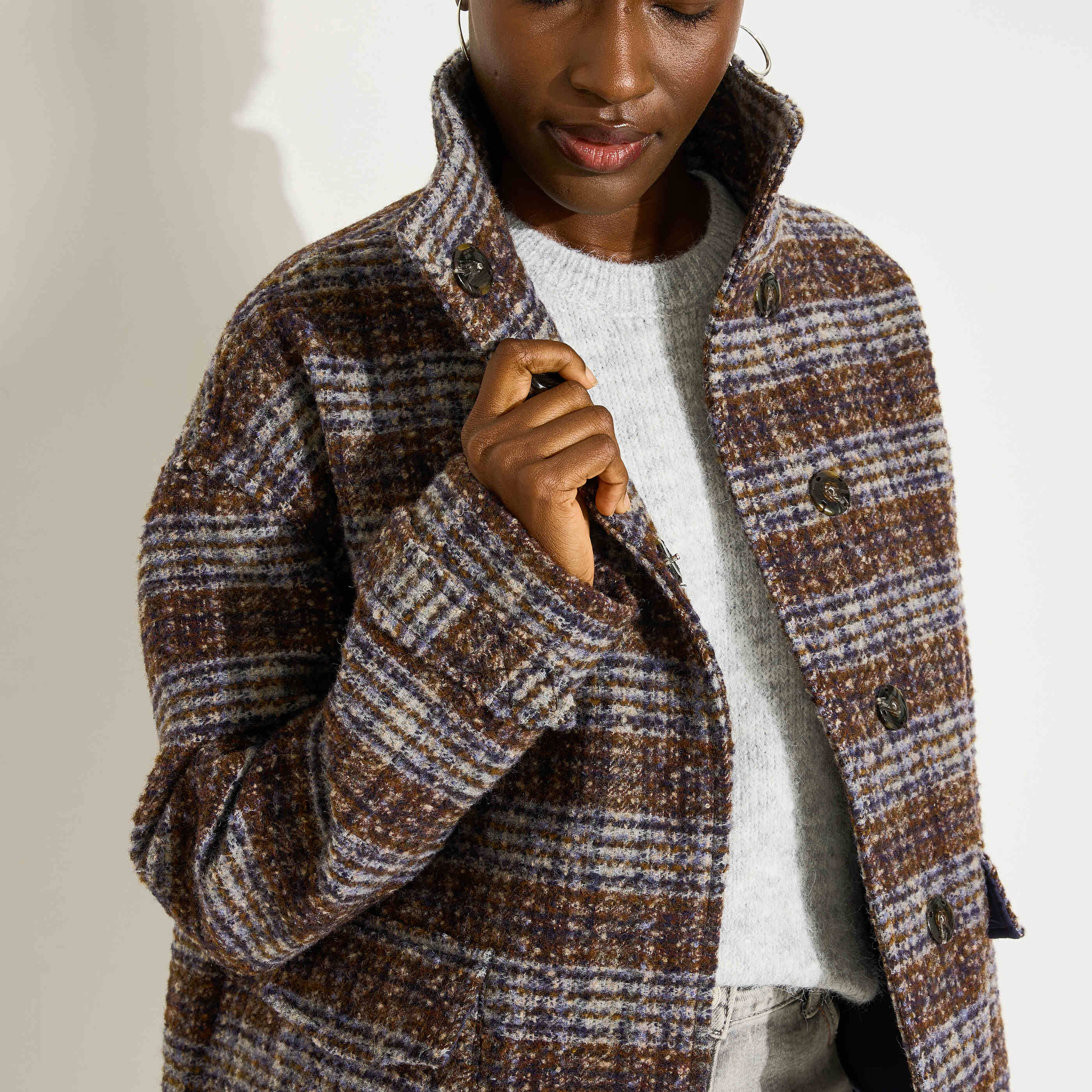 Manteau court &agrave; carreaux femme