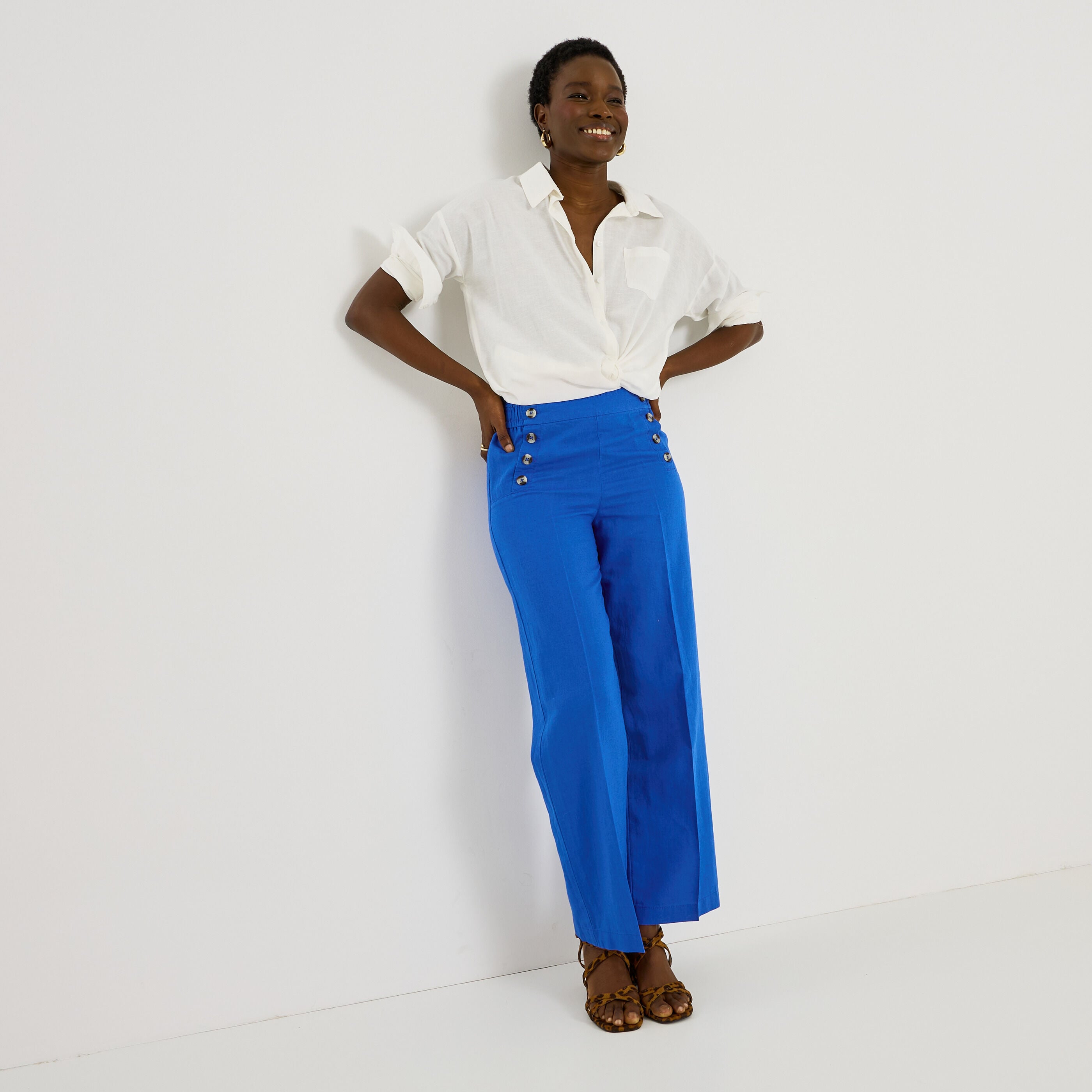 Pantalon &agrave; pont en lin m&eacute;lang&eacute; femme