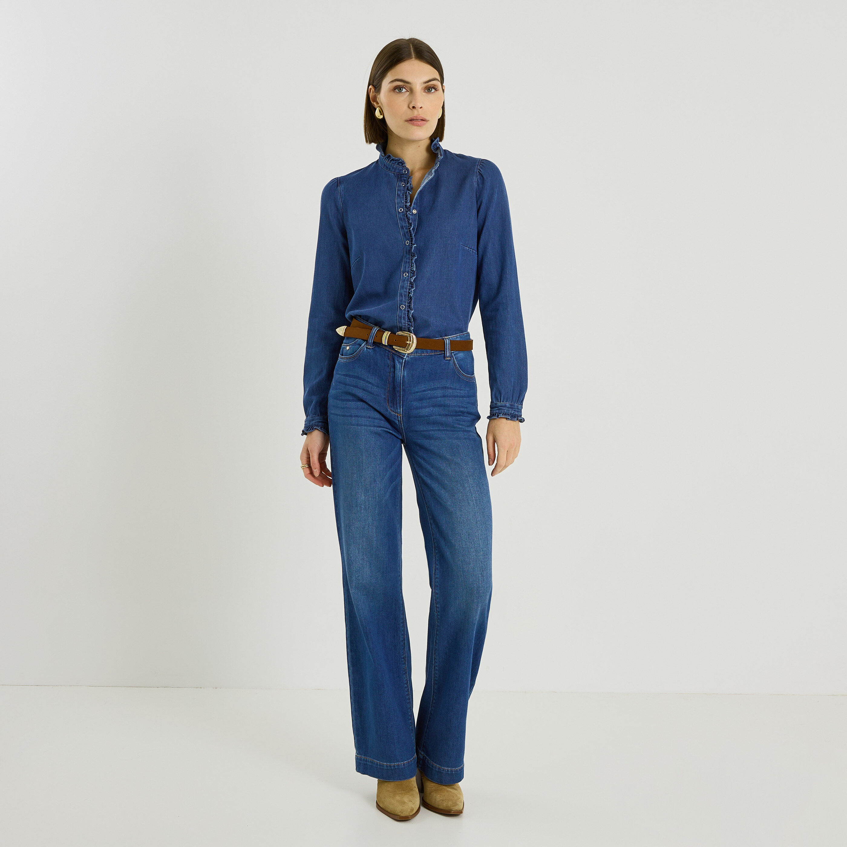Chemise en denim &agrave; volants femme