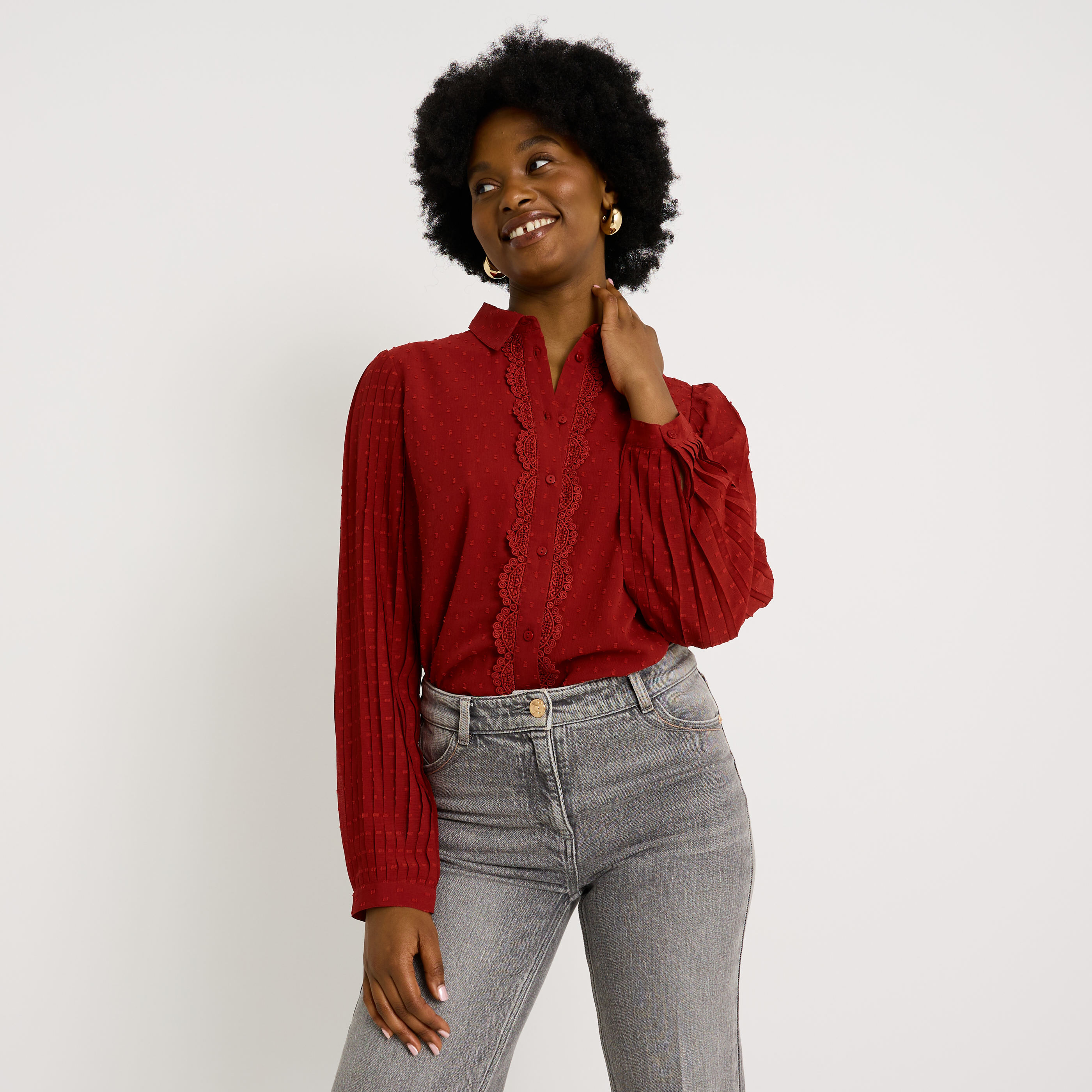 Chemise plumetis manches pliss&eacute;es femme