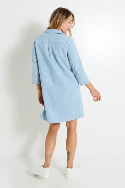 Robe en denim brodé à col chemise