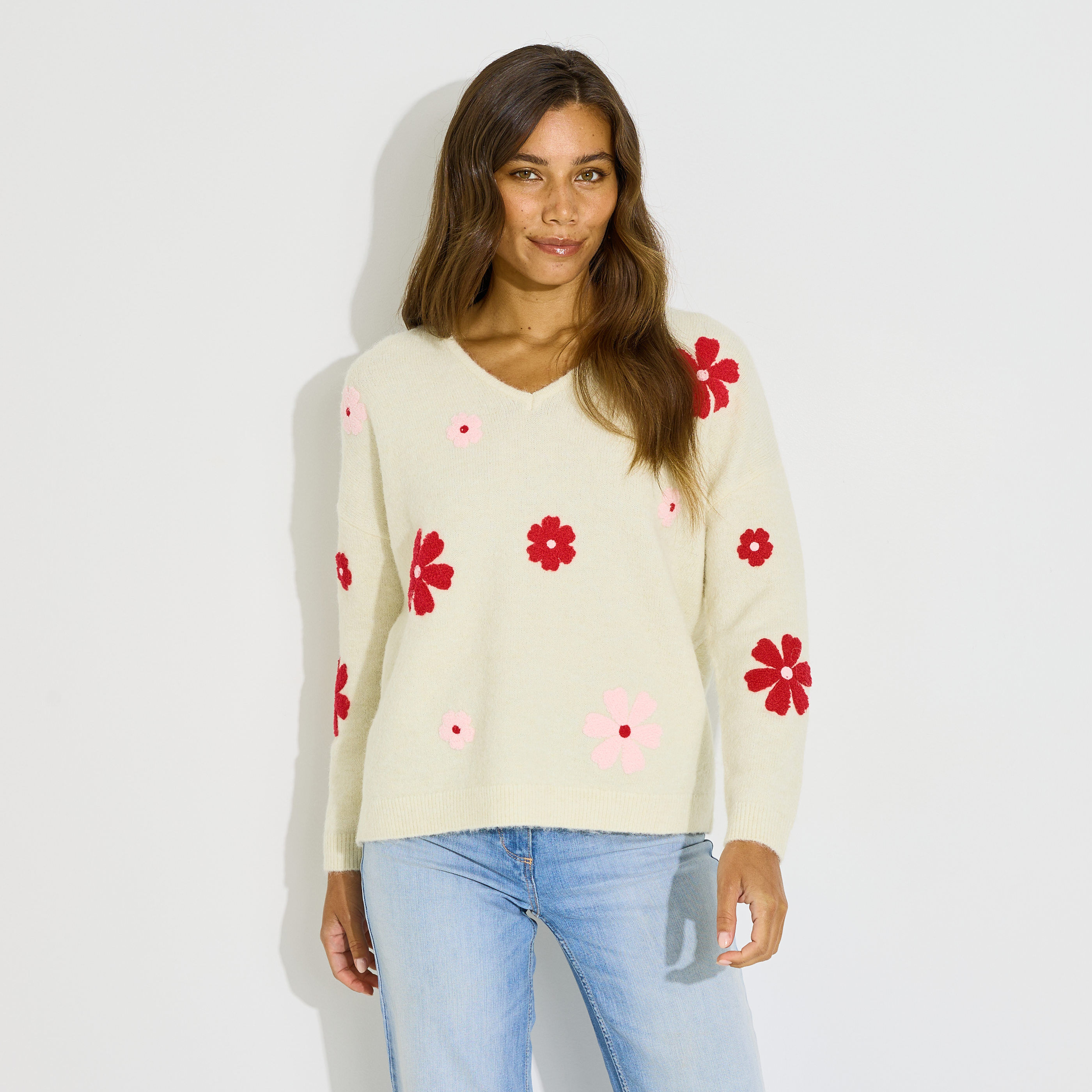 Pull col v broderie fleurs femme