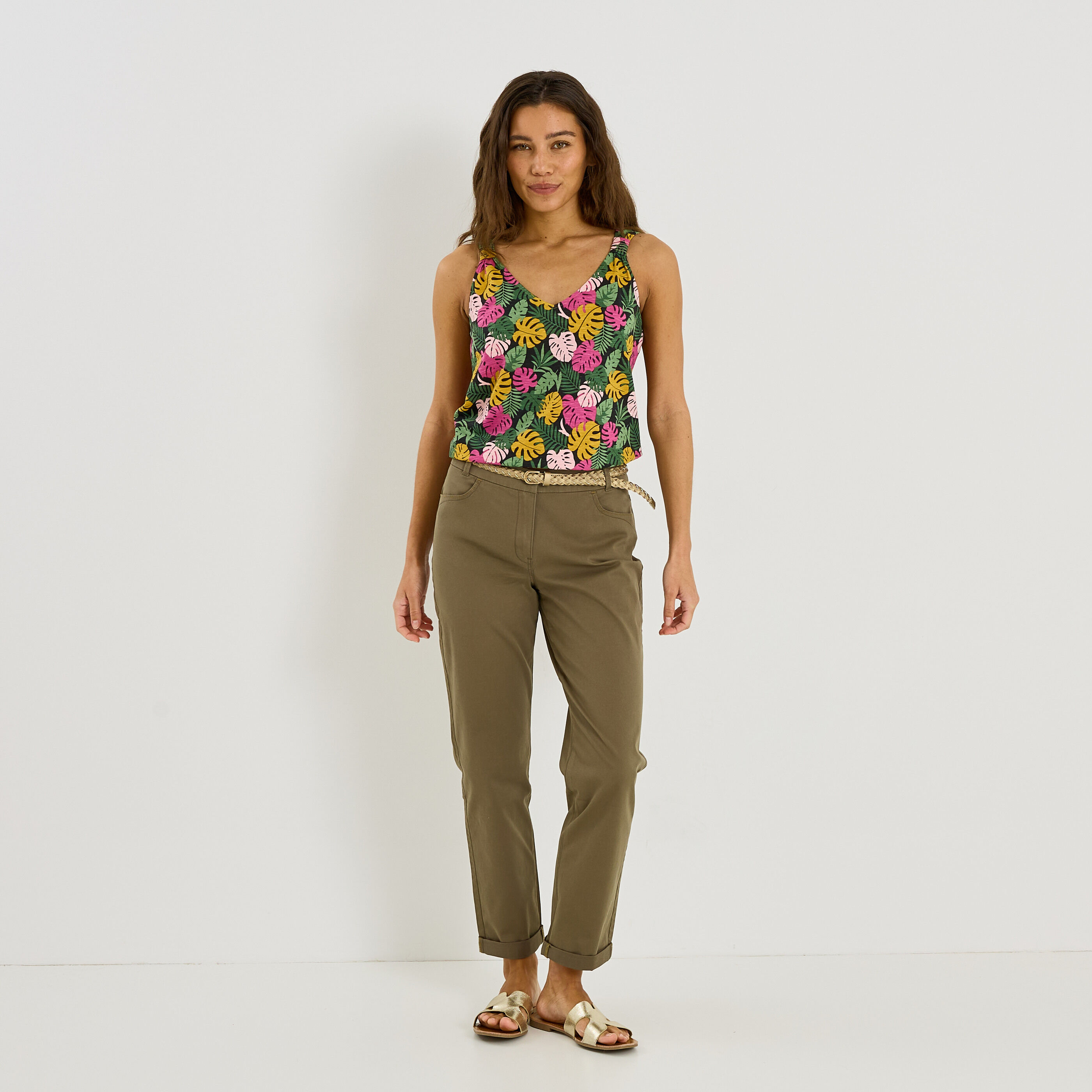 D&eacute;bardeur col V imprim&eacute; tropical femme